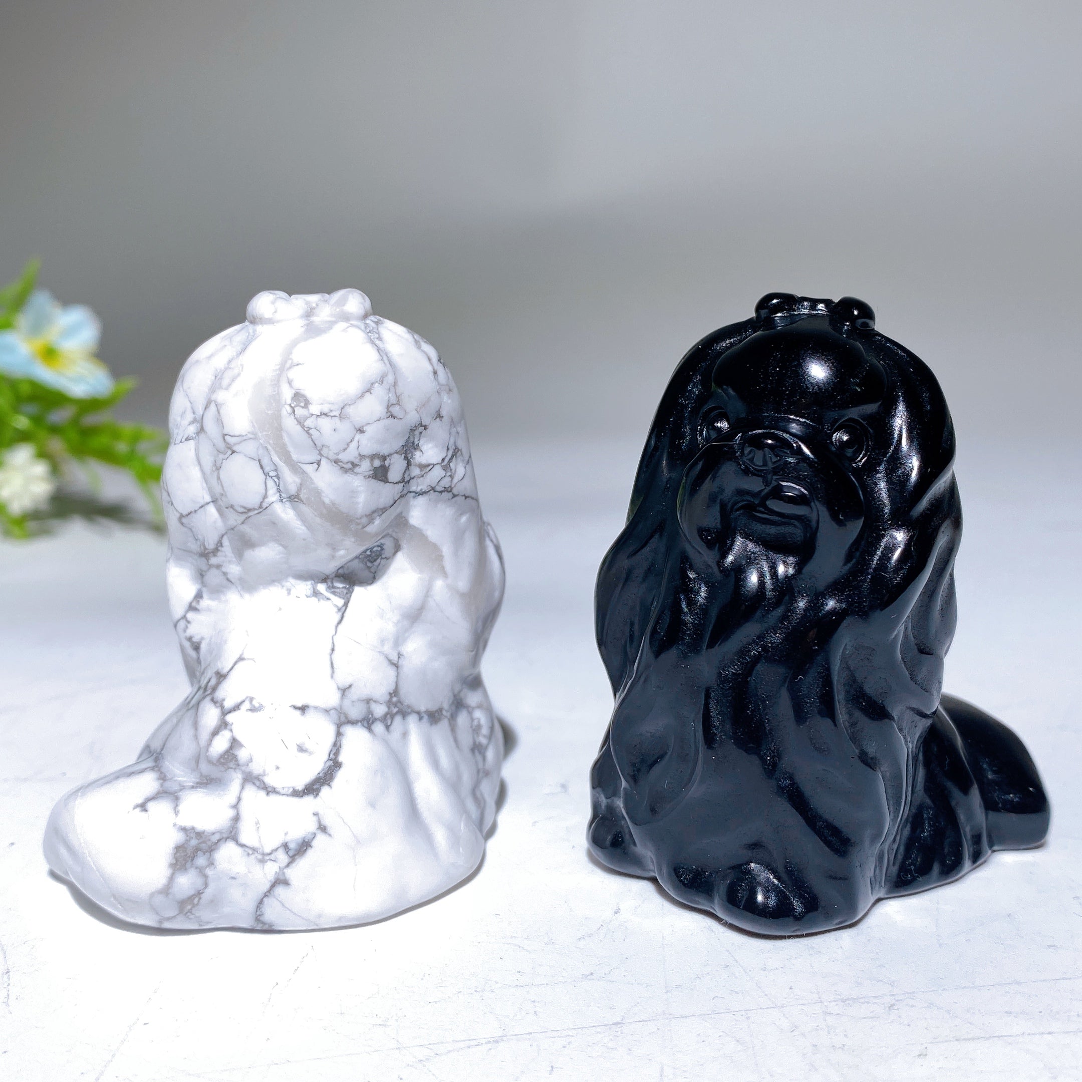 2.1" Howlite & Black Obsidian Healing Crystal Dog Figurines