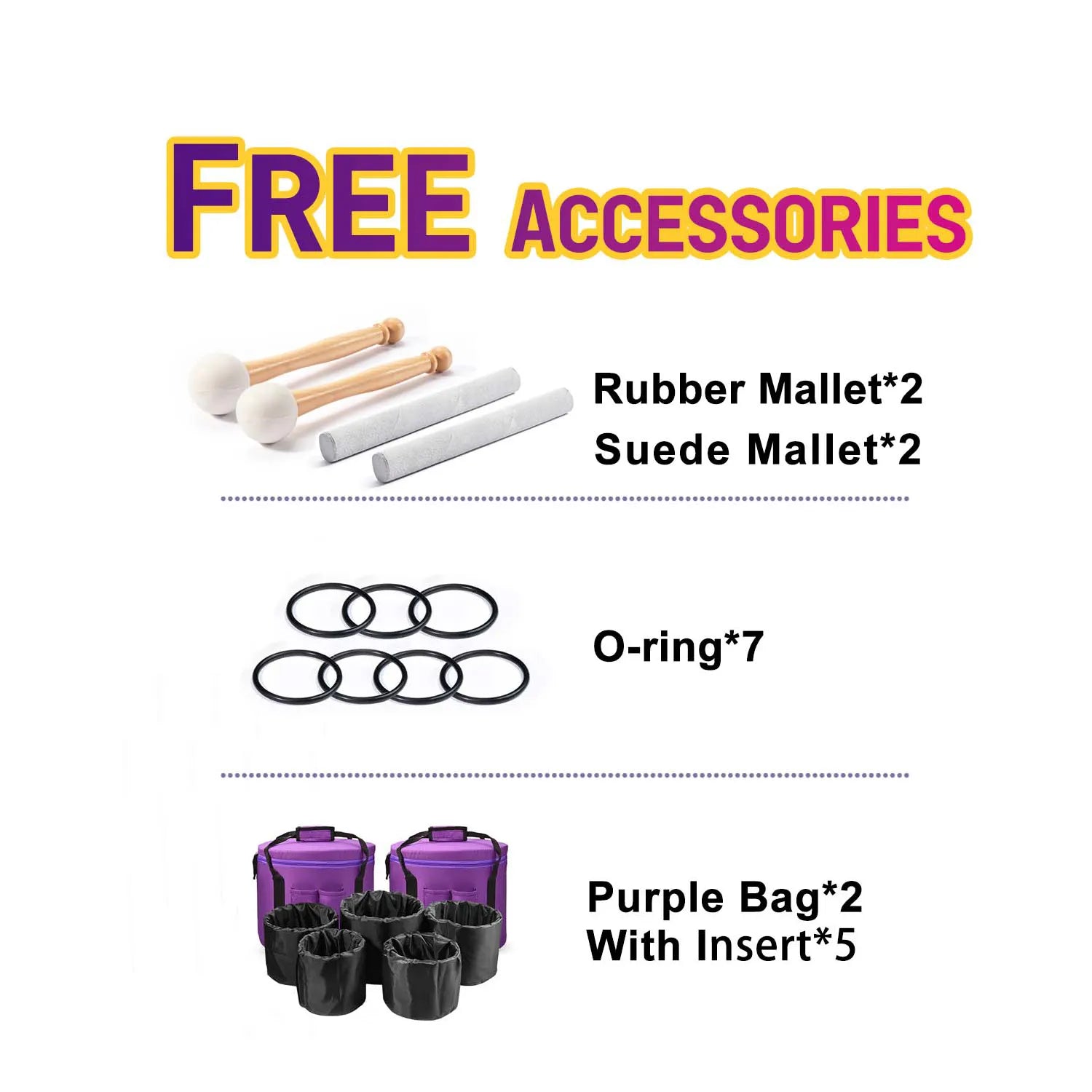 Free accessories package with mallets, O-rings, and storage bags for Pink Frosted Crystal Singing Bowl Set