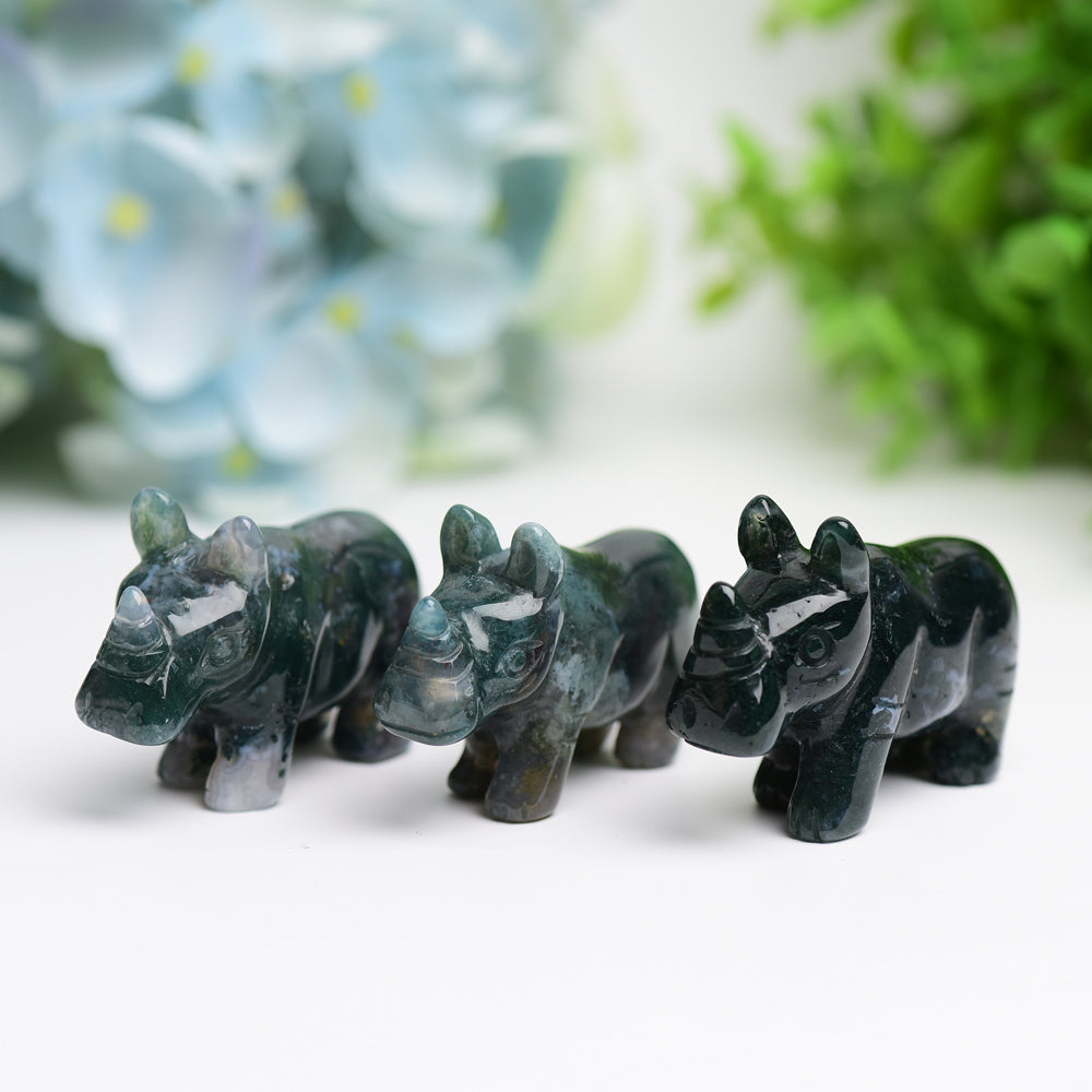 2.2 inch Moss Agate Crystal Rhinoceros Animal Carving