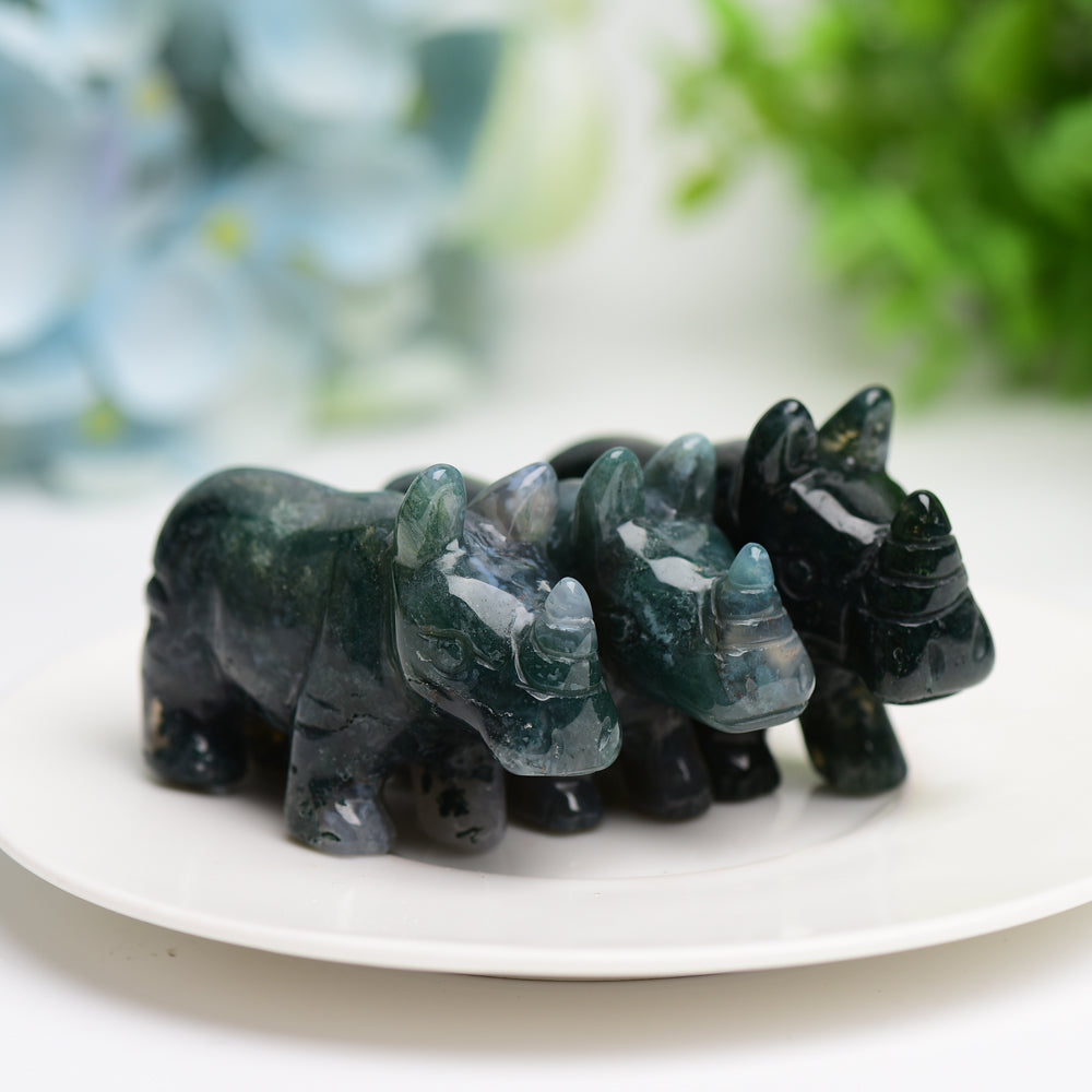 2.2 inch Moss Agate Crystal Rhinoceros Animal Carving