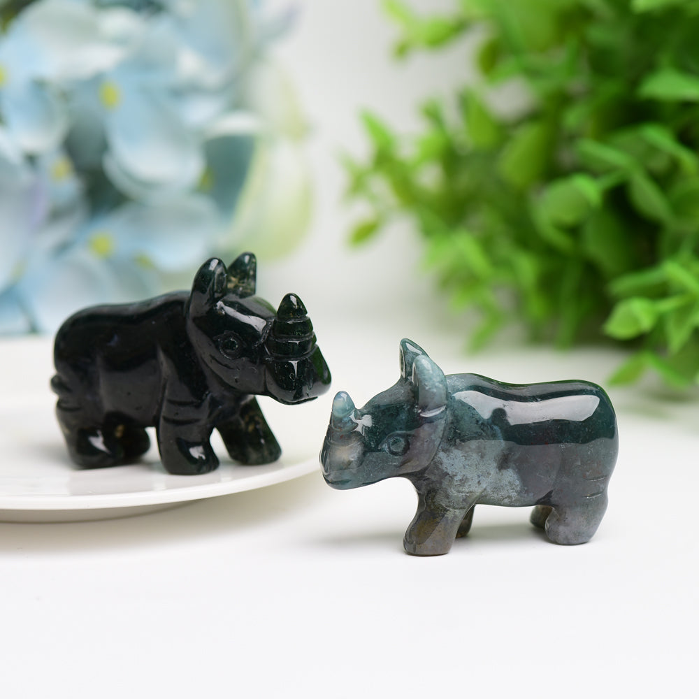 2.2 inch Moss Agate Crystal Rhinoceros Animal Carving