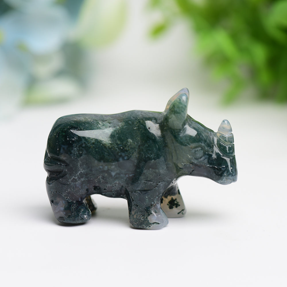 2.2 inch Moss Agate Crystal Rhinoceros Animal Carving
