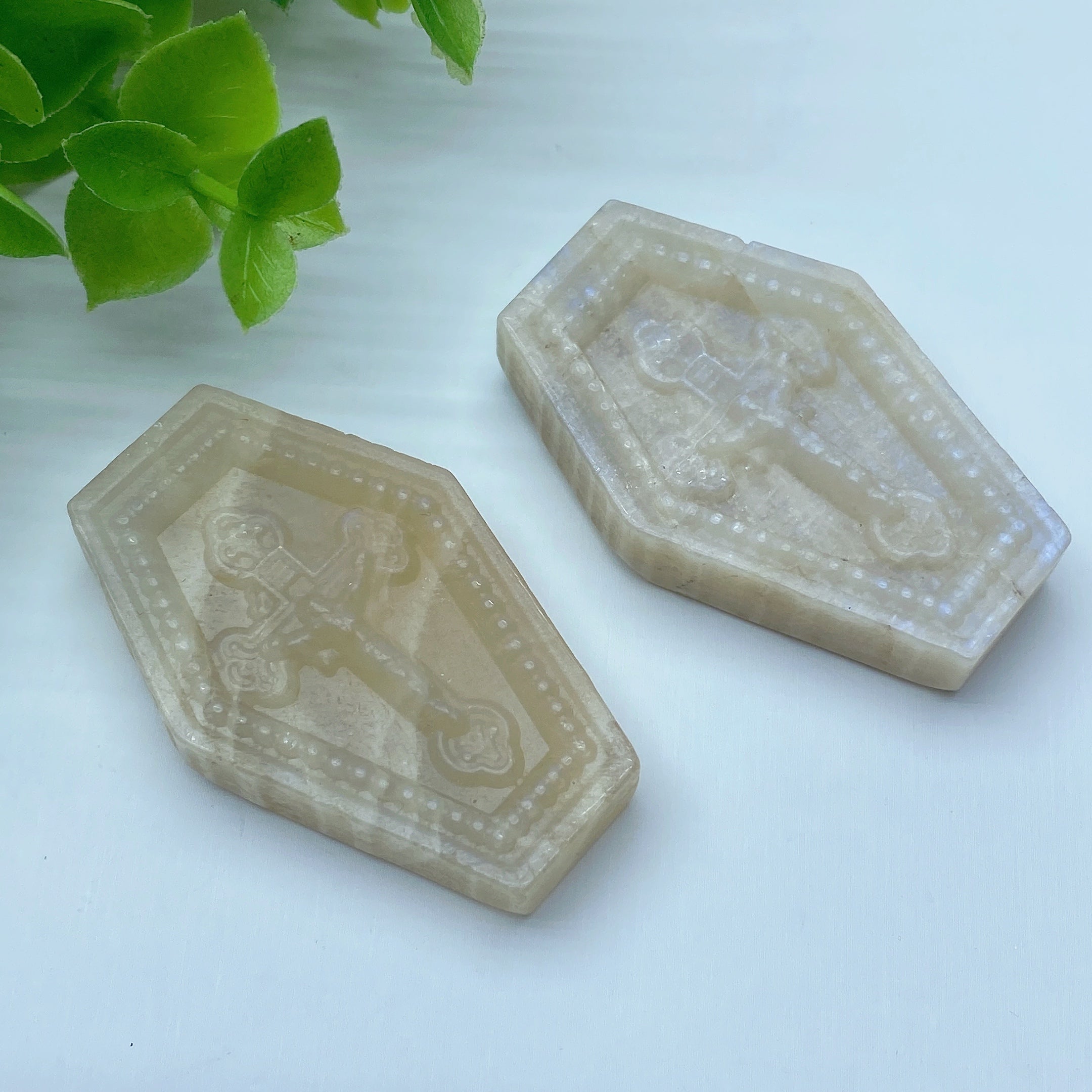 2.27 inch Peach Moonstone Coffin Crystal Carving