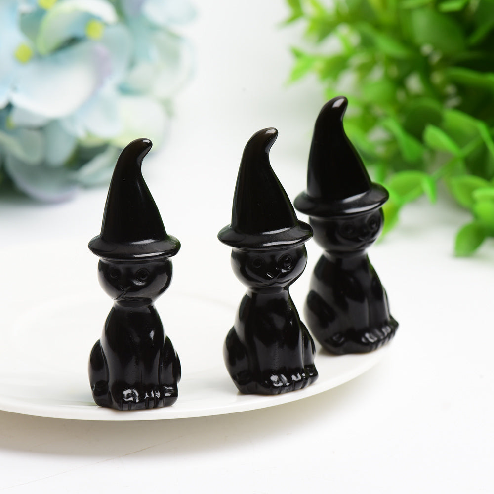 2.3 inch Black Obsidian Crystal Cat Figurine with Wizard Hat