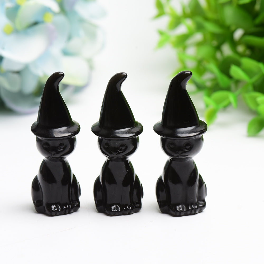 2.3 inch Black Obsidian Crystal Cat Figurine with Wizard Hat