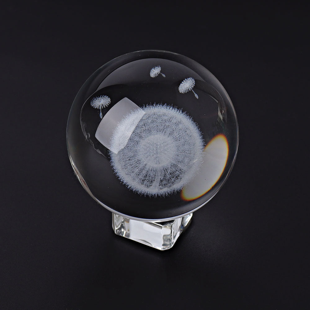 Glass Ink Sphere 2.3 Inch Glass Crystal Sphere with Dandelion Carvings
