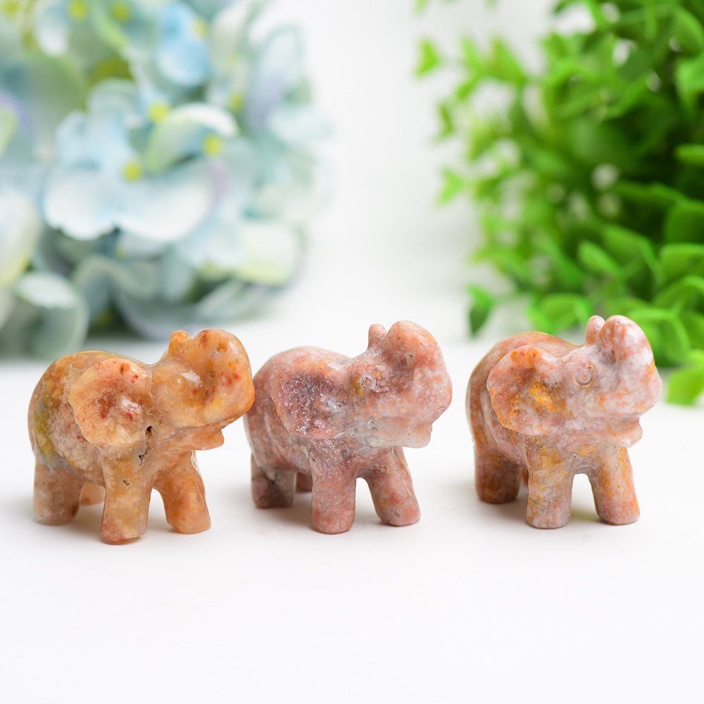 2.3 inch Pink Flower Agate Crystal Elephant Carving