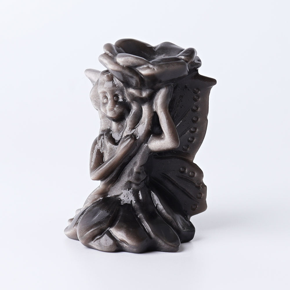 2.3 Inch Silver Obsidian Butterfly Fairy Crystal Figurine