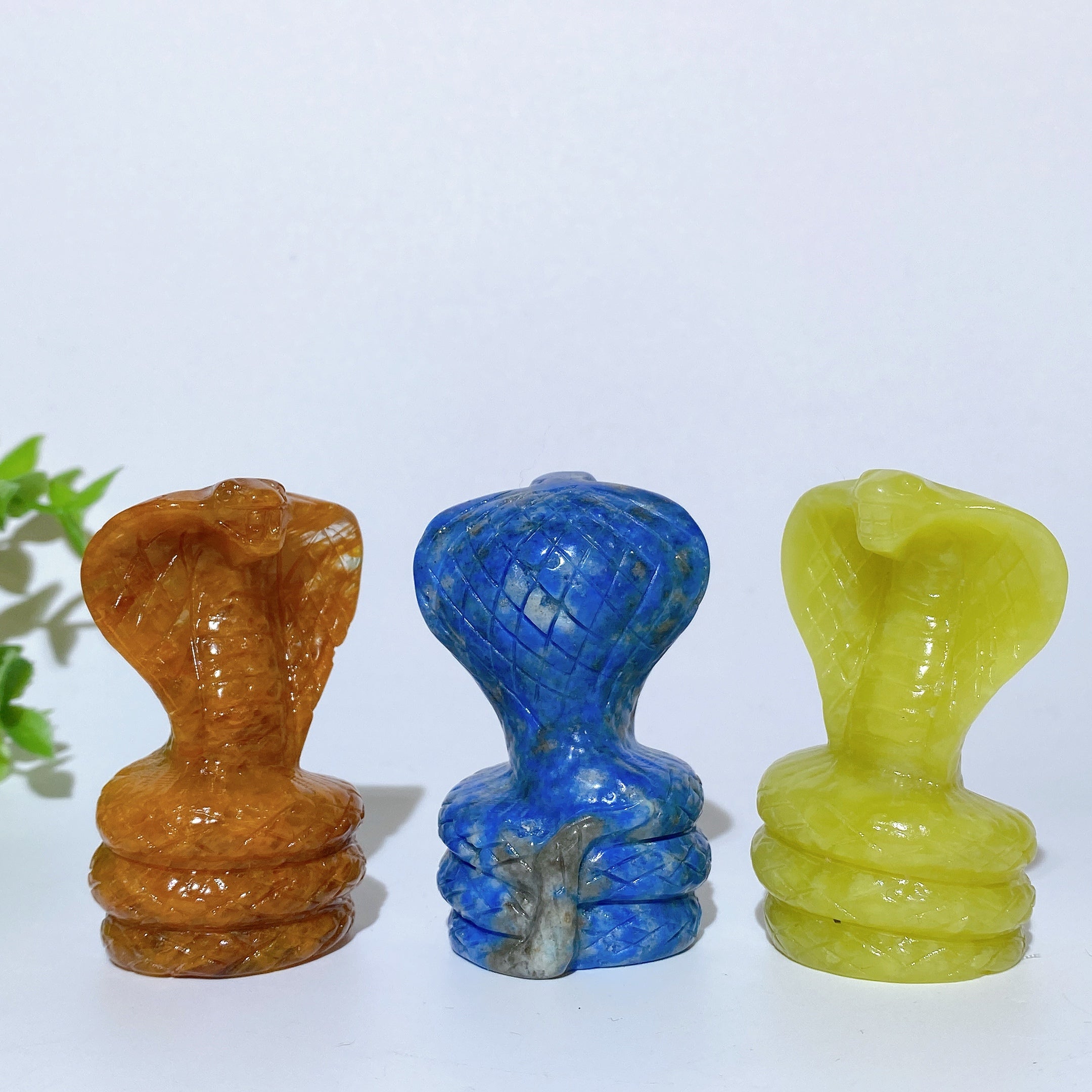 2.3in Crystal Cobra Snake Carvings in Jade, Lapis & Golden Healer