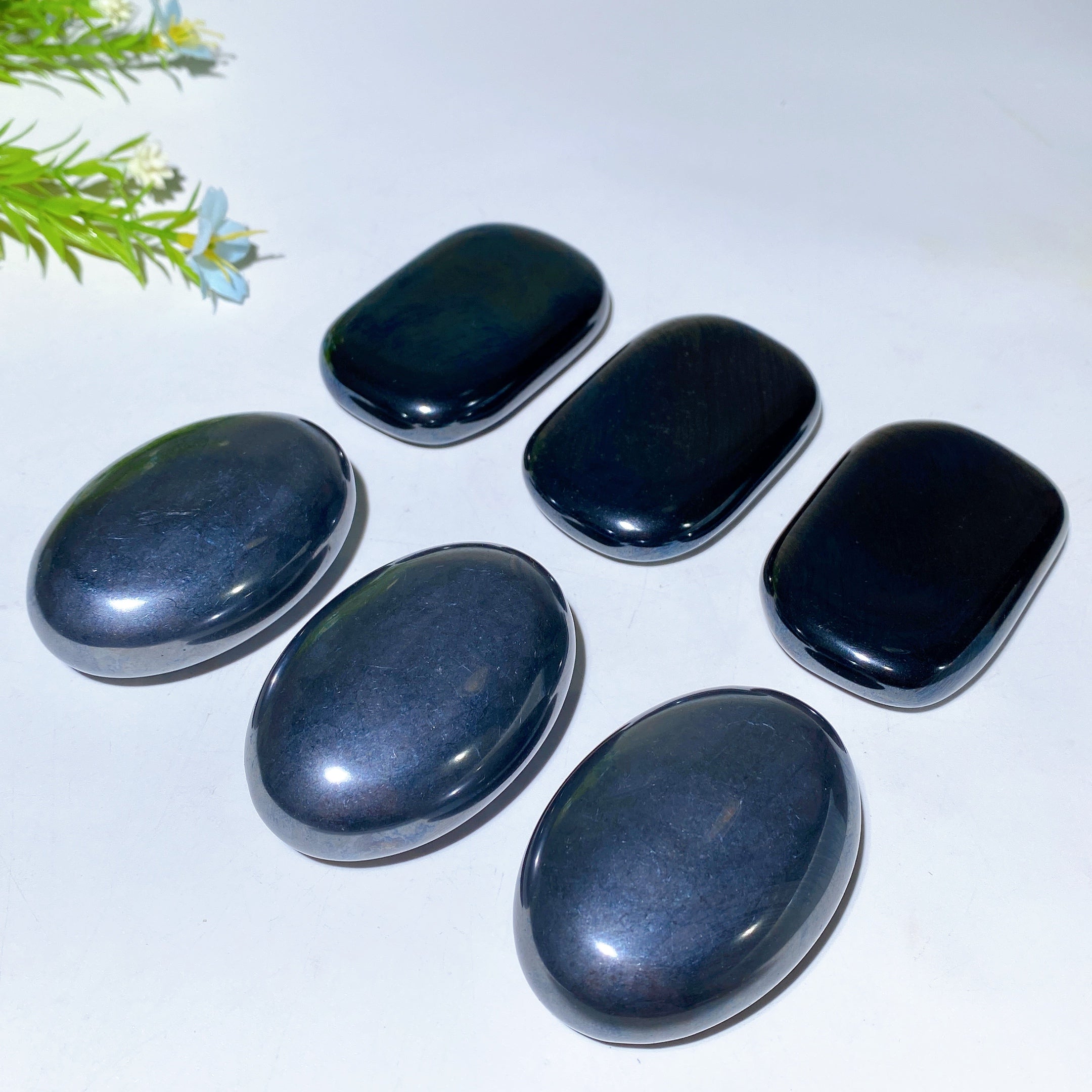 2.4-2.5 Inch Terahertz & Hematite Palm Healing Stones