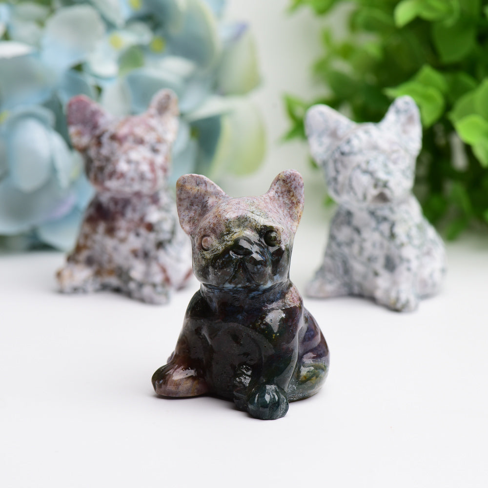 2.4 Inch Moss Agate Bulldog Crystal Dog Figurine