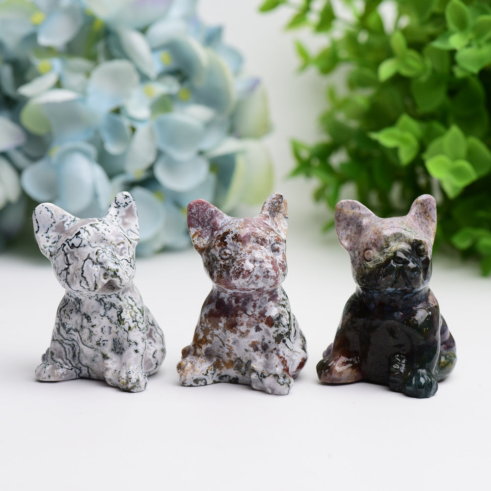 2.4 Inch Moss Agate Bulldog Crystal Dog Figurine