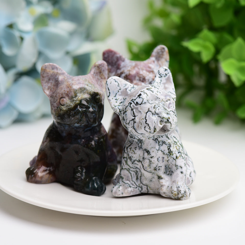 2.4 Inch Moss Agate Bulldog Crystal Dog Figurine