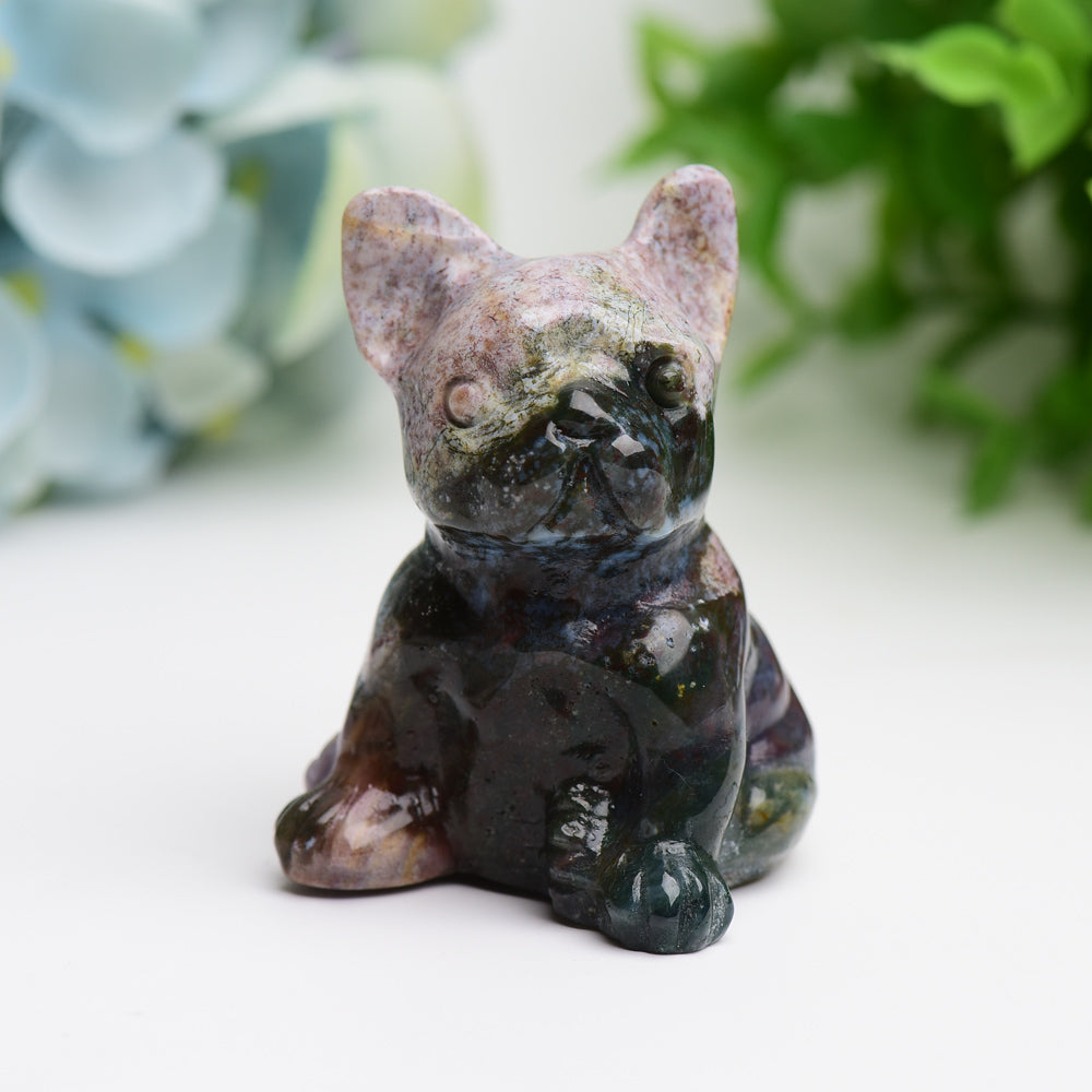 2.4 Inch Moss Agate Bulldog Crystal Dog Figurine
