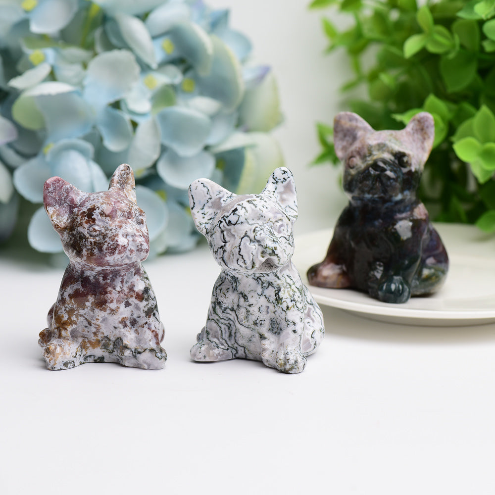 2.4 Inch Moss Agate Bulldog Crystal Dog Figurine