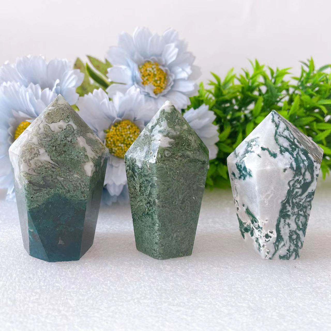 2.5-2.8in Moss Agate Hexagonal Healing Crystal Point