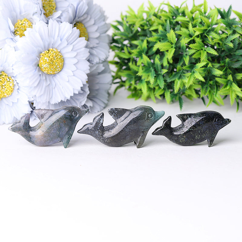 2.5 Inch Moss Agate Crystal Dolphin Figurine for Healing