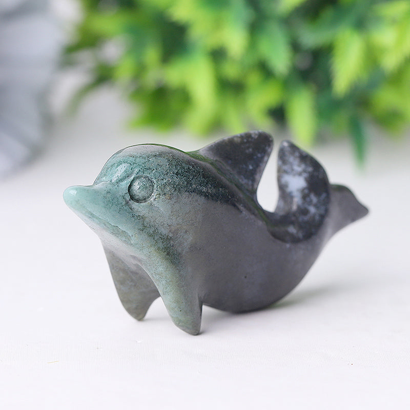 2.5 Inch Moss Agate Crystal Dolphin Figurine for Healing