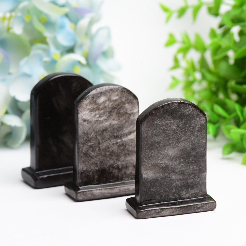 2.5 inch Silver Obsidian Crystal Tombstone Figurine