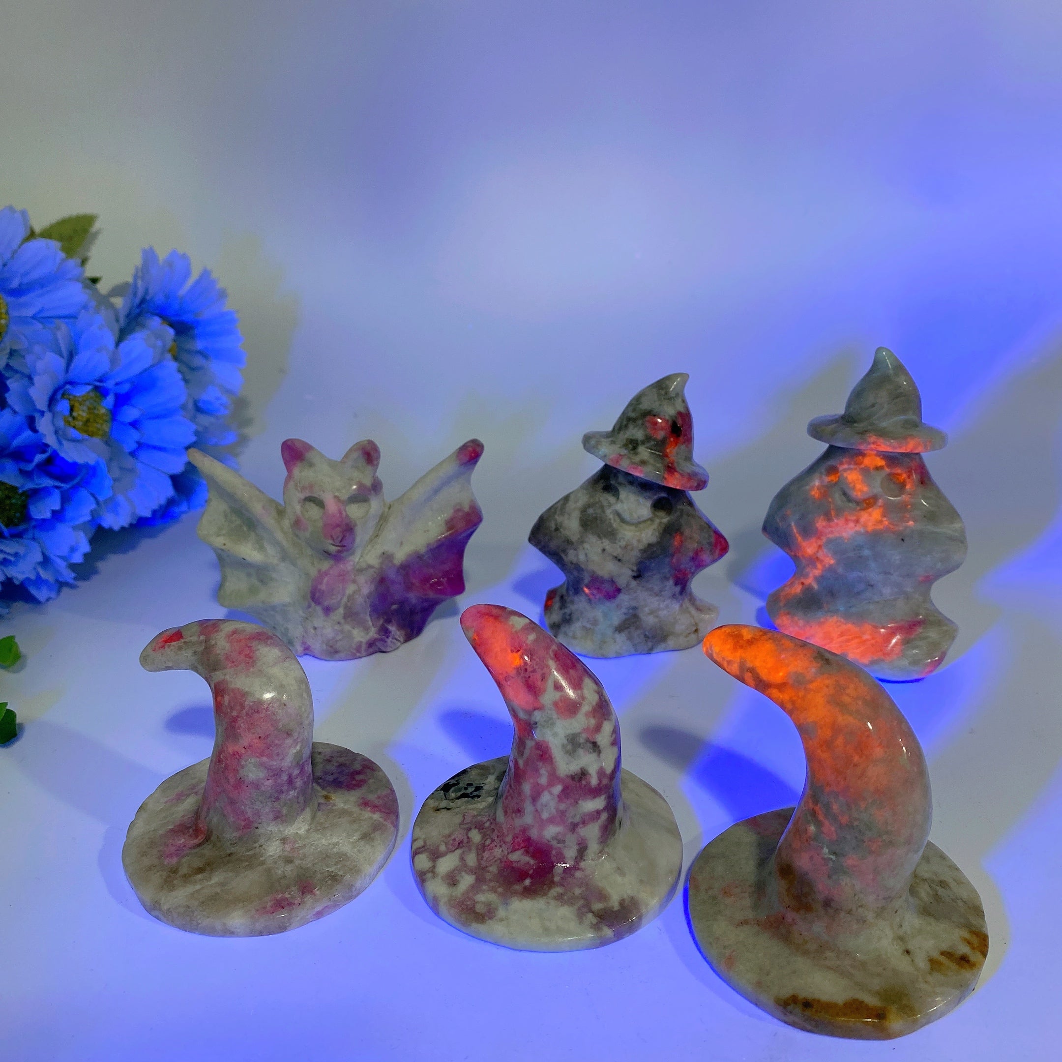 2.6-3.3 Inch Hackmanite Crystal Figurines | Witch Hat, Ghost, Bat