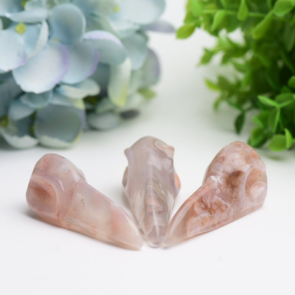 2.7-3.0 Inch Flower Agate Raven Skull Crystal Figurine Carving