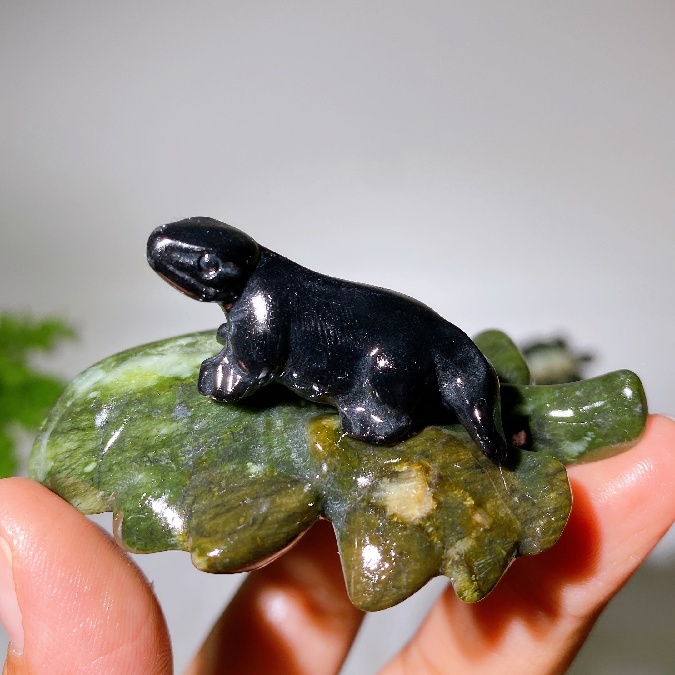 2.7" Crystal Dinosaur Figurine on Leaf Carving