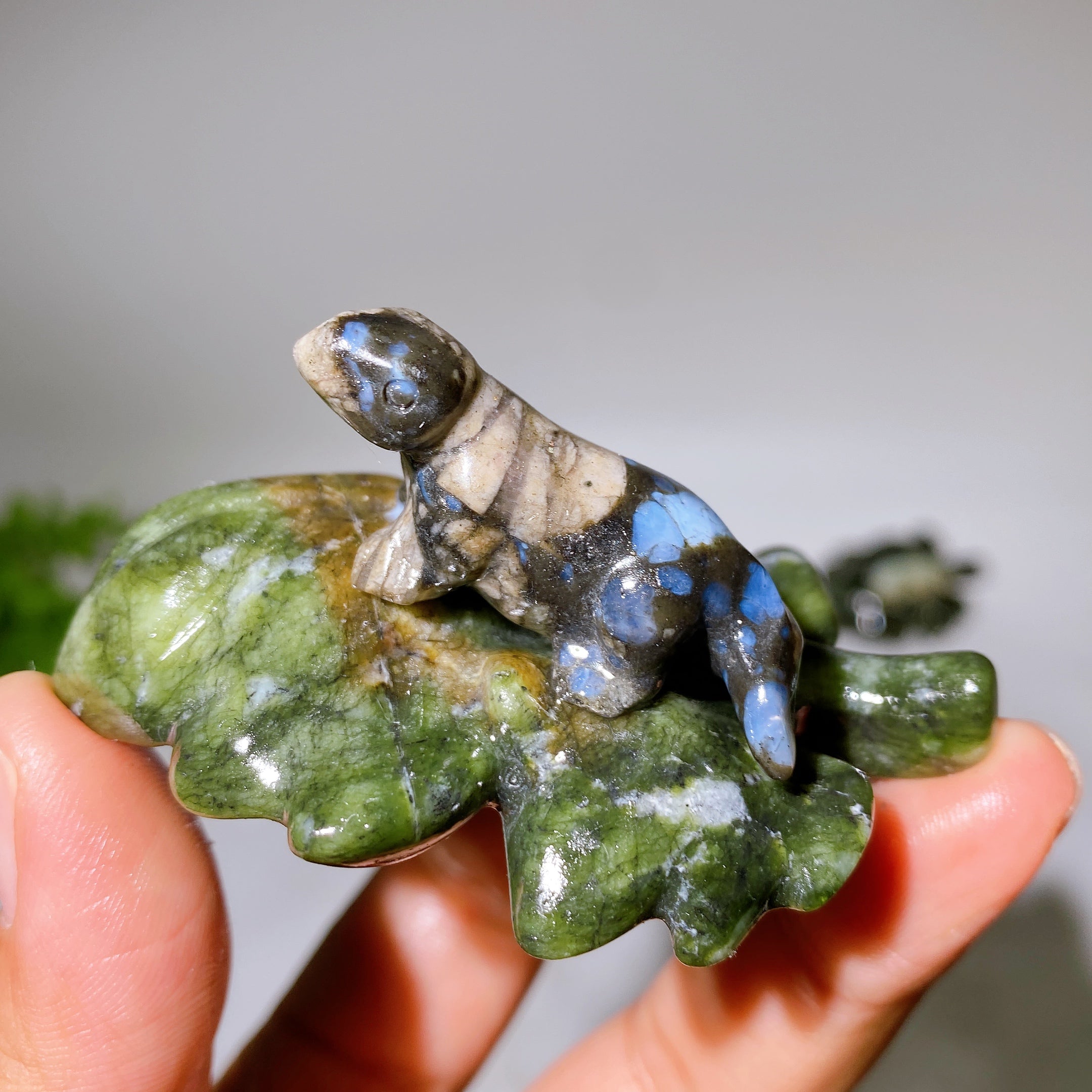 2.7" Crystal Dinosaur Figurine on Leaf Carving