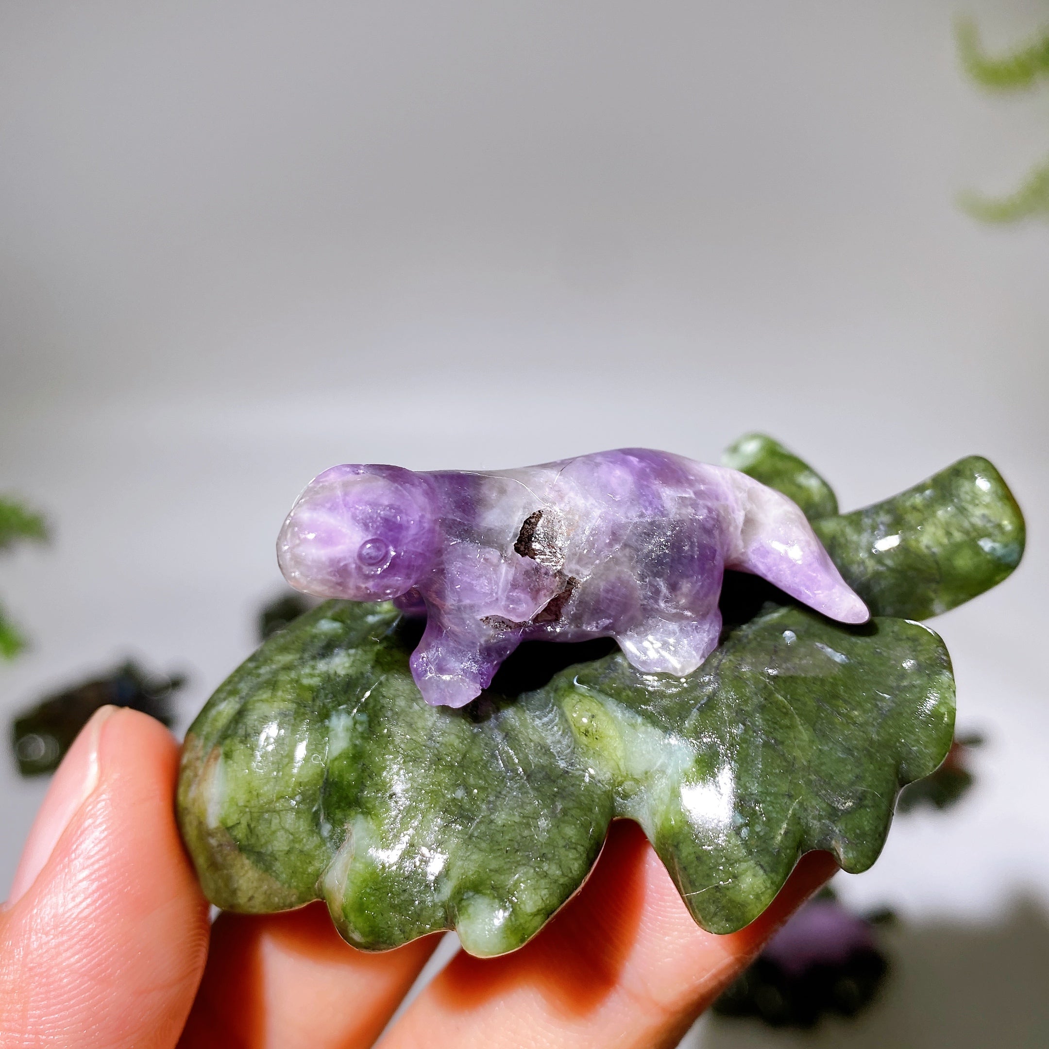 2.7" Crystal Dinosaur Figurine on Leaf Carving