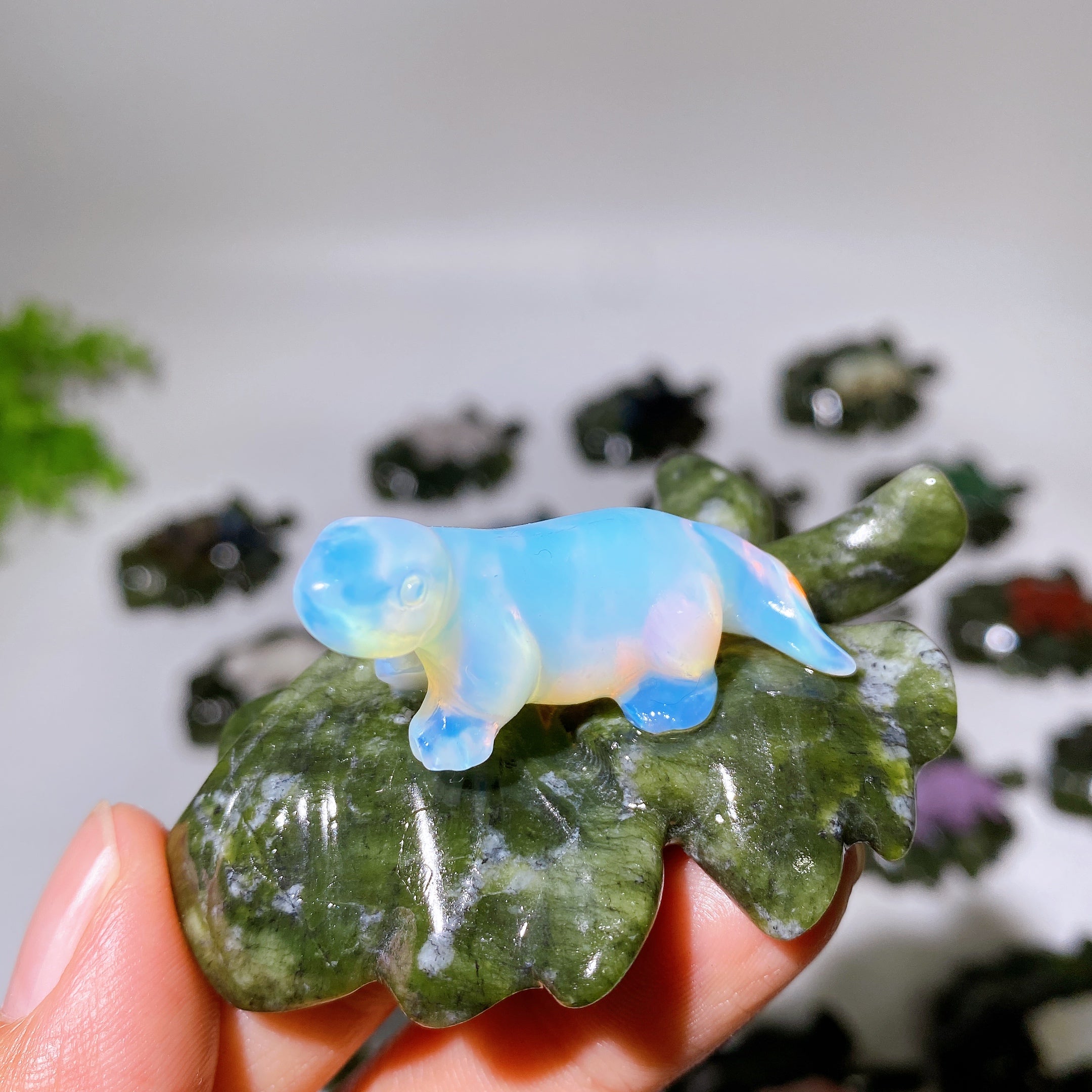 2.7" Crystal Dinosaur Figurine on Leaf Carving