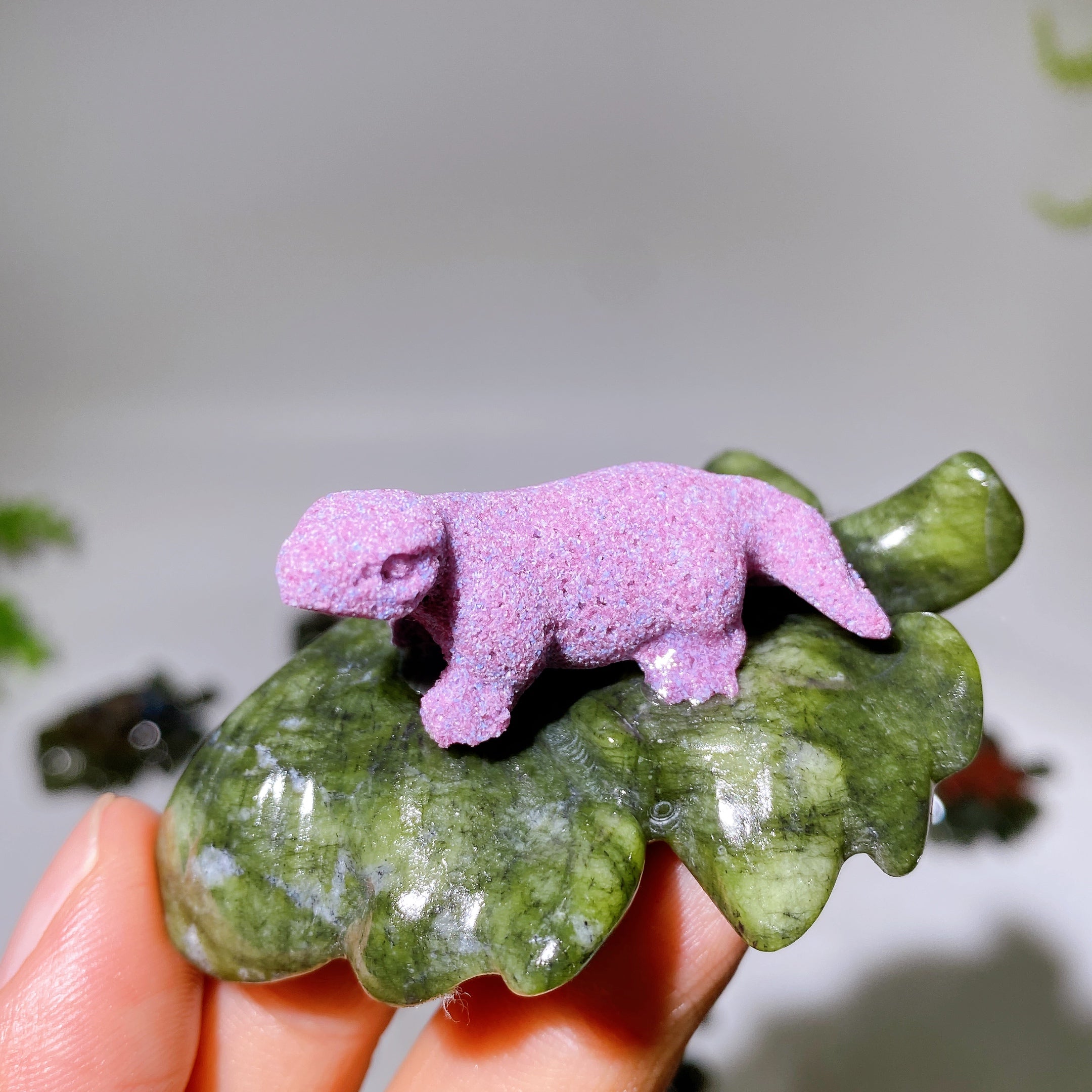 2.7" Crystal Dinosaur Figurine on Leaf Carving