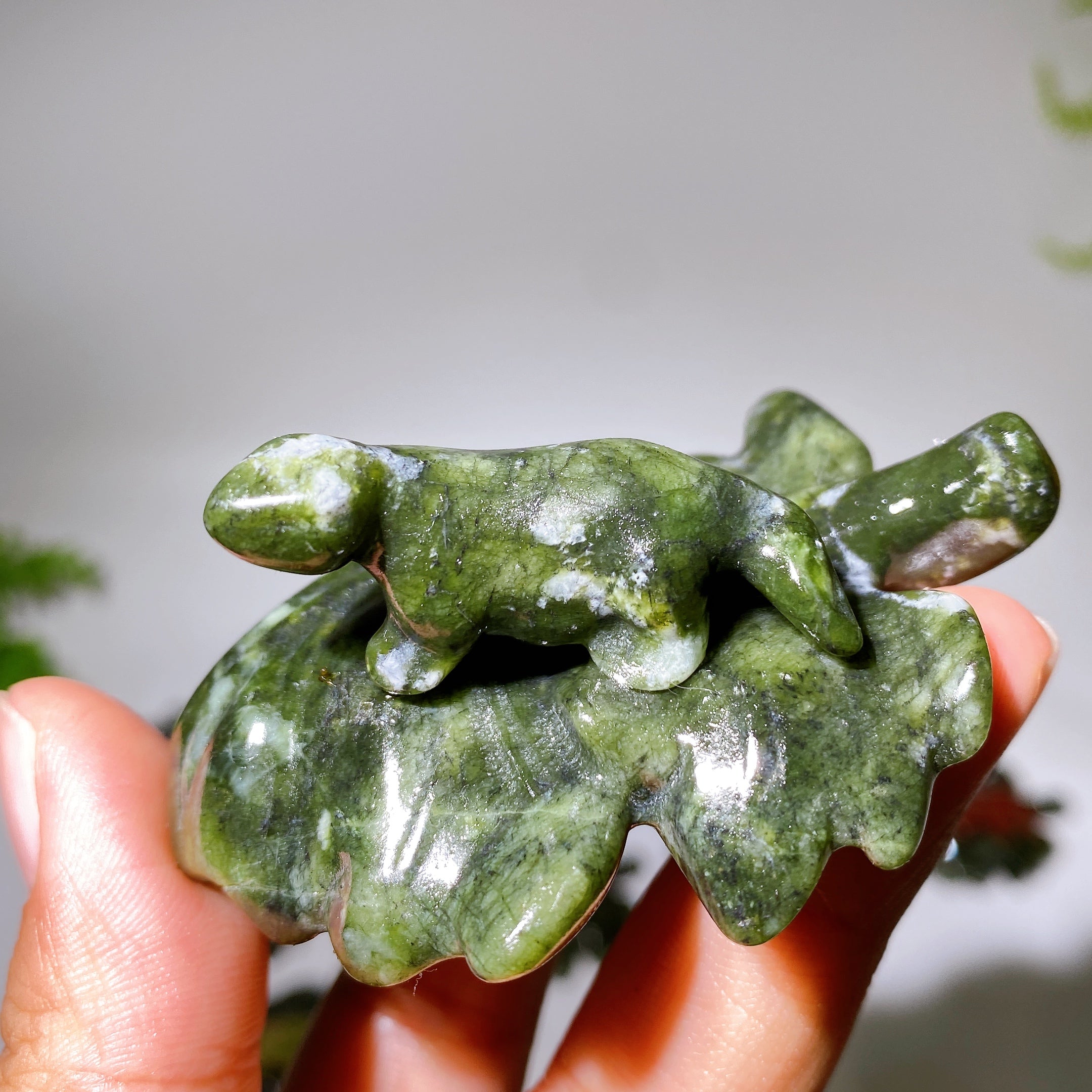 2.7" Crystal Dinosaur Figurine on Leaf Carving