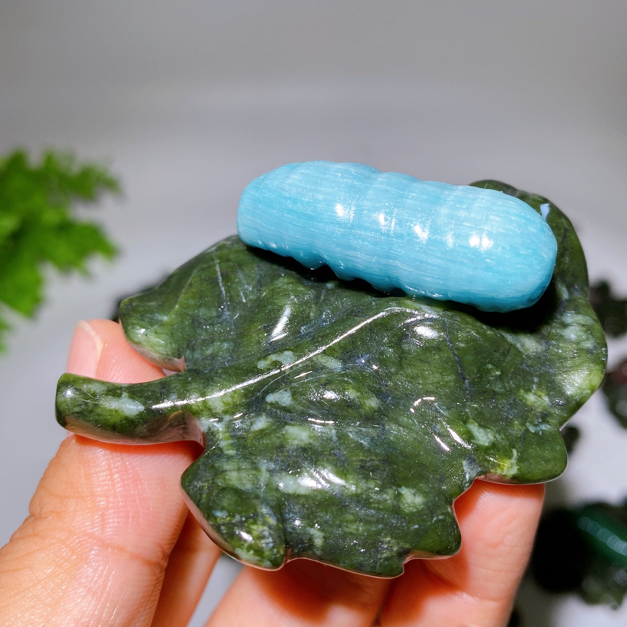 2.7 Inch Crystal Silkworm on Serpentine Leaf Figurine