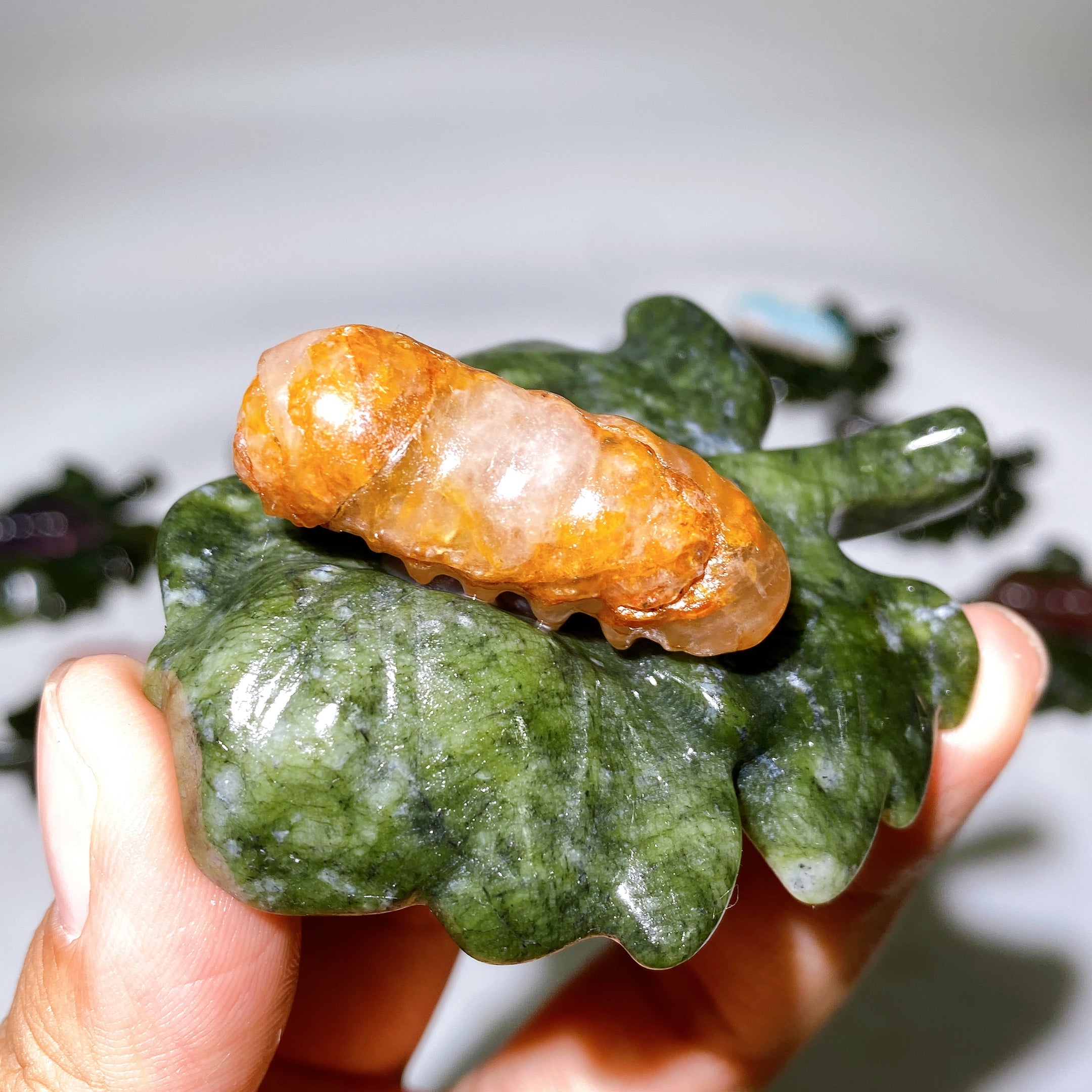 2.7 Inch Crystal Silkworm on Serpentine Leaf Figurine