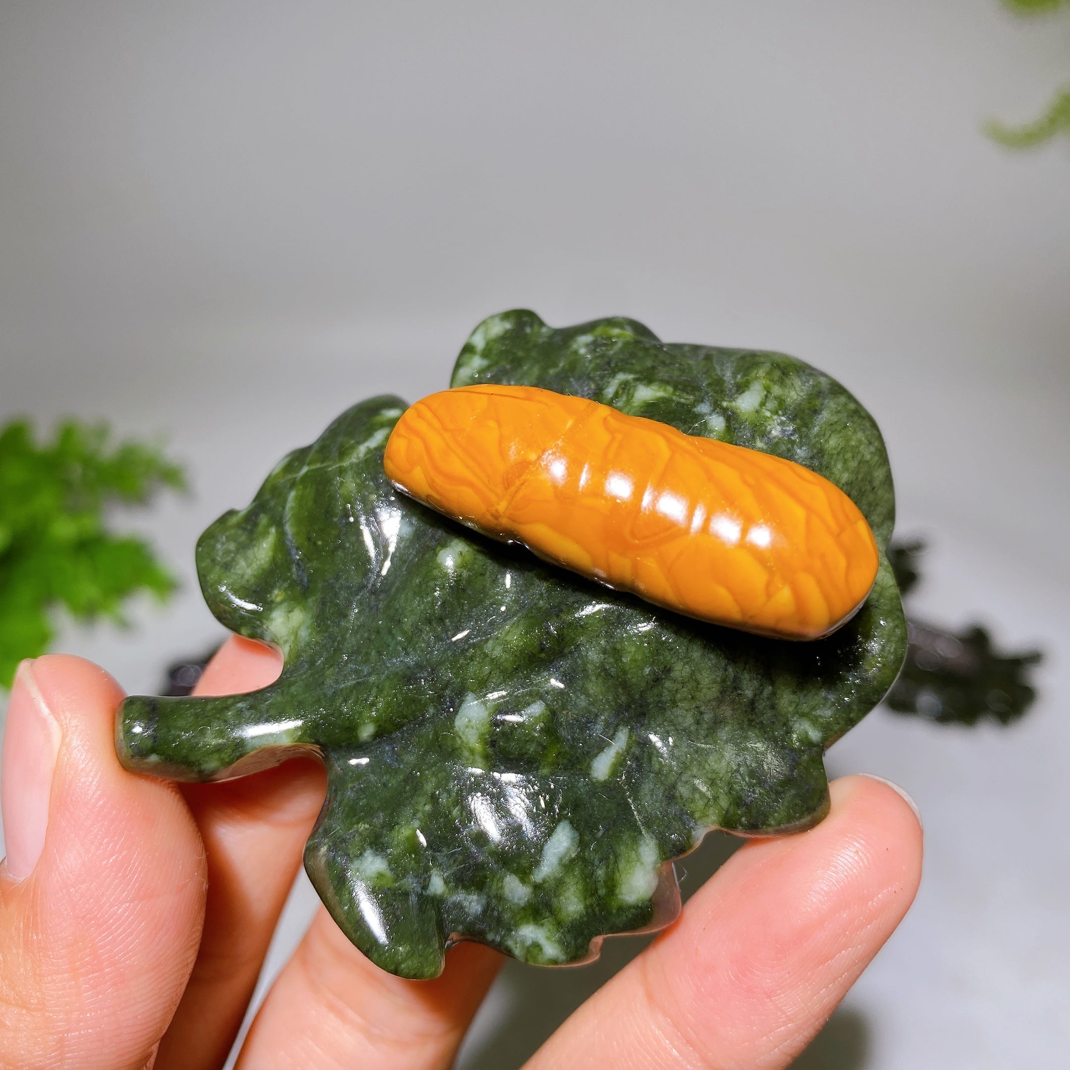 2.7 Inch Crystal Silkworm on Serpentine Leaf Figurine