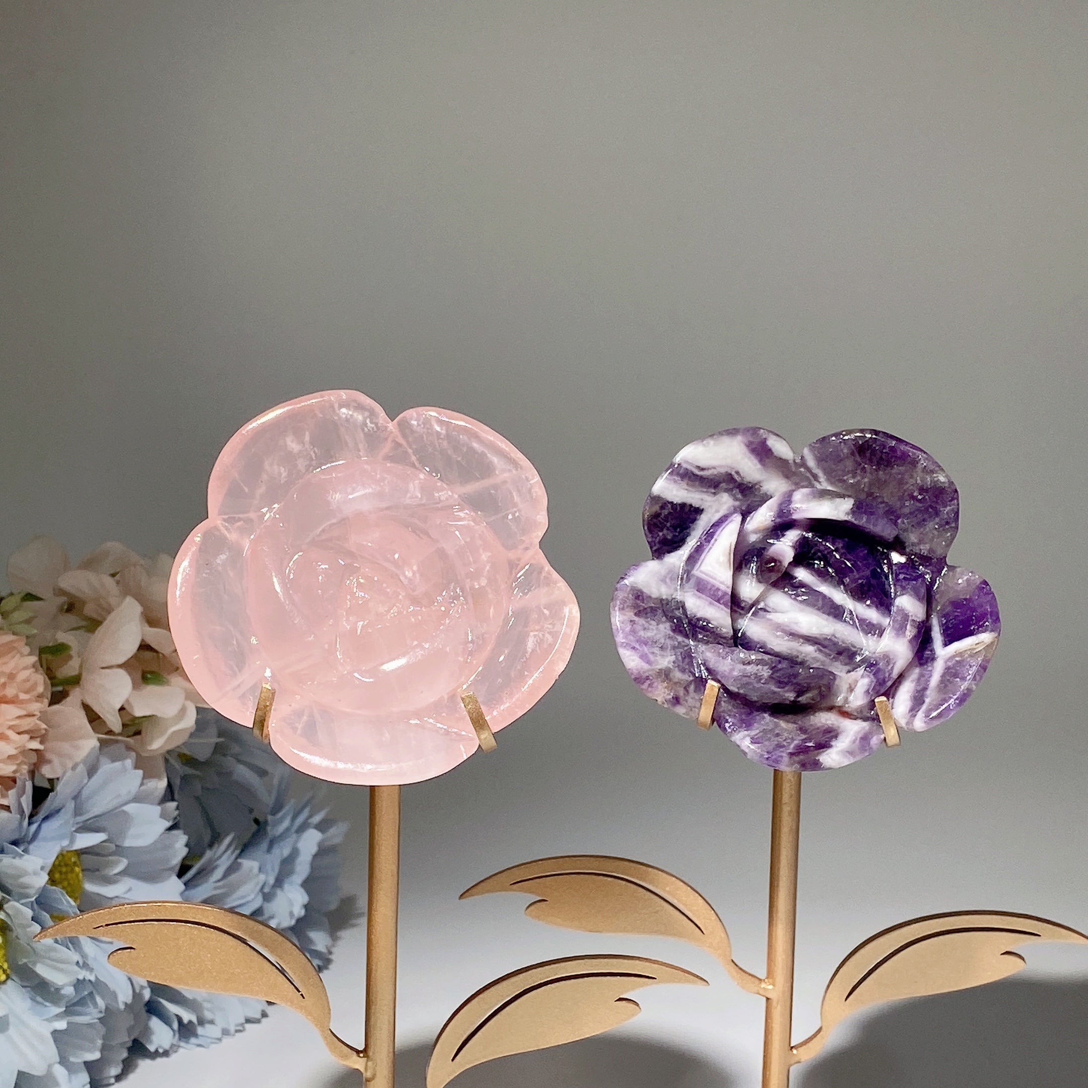 2.8" Amethyst & Rose Quartz Crystal Flower with Stand