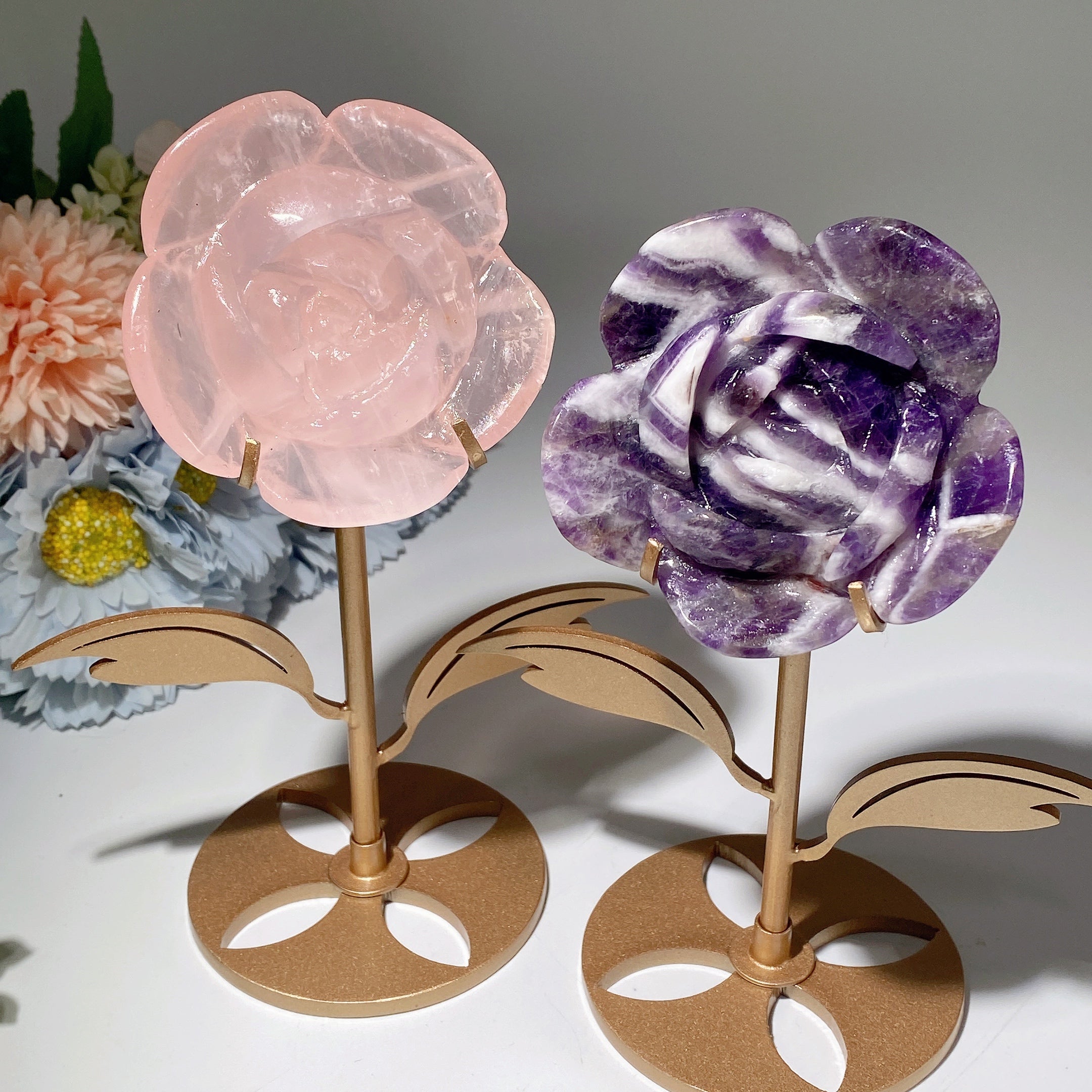 2.8" Amethyst & Rose Quartz Crystal Flower with Stand