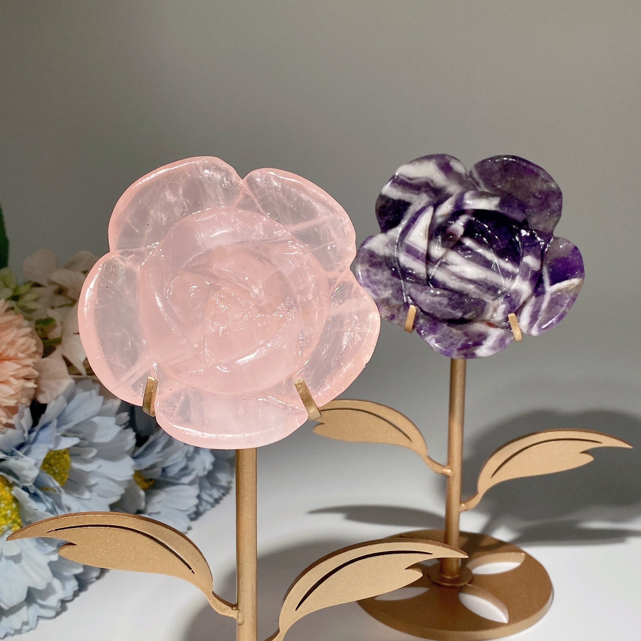 2.8" Amethyst & Rose Quartz Crystal Flower with Stand