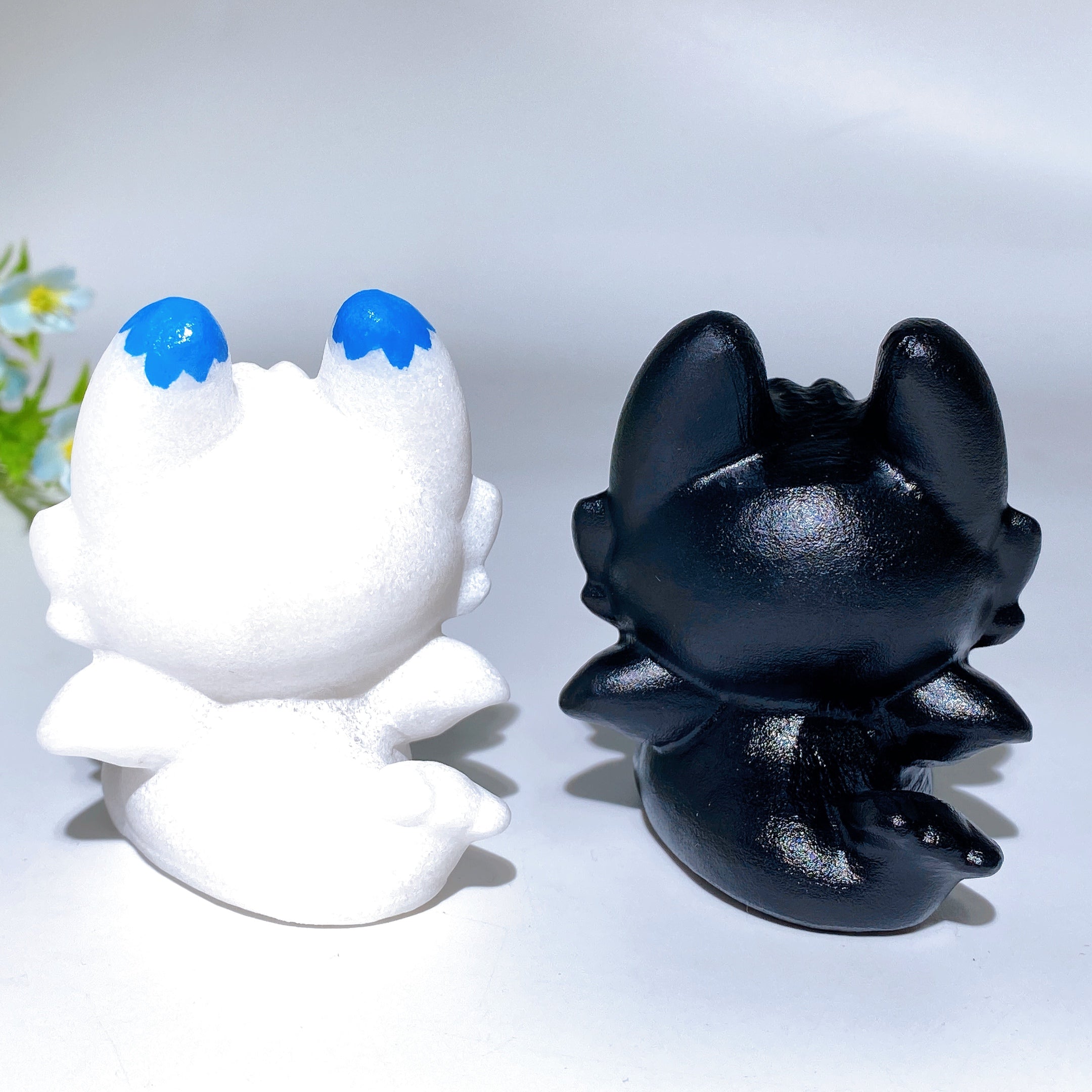 2.8 inch White Jade & Black Obsidian Crystal Dragon Figurines