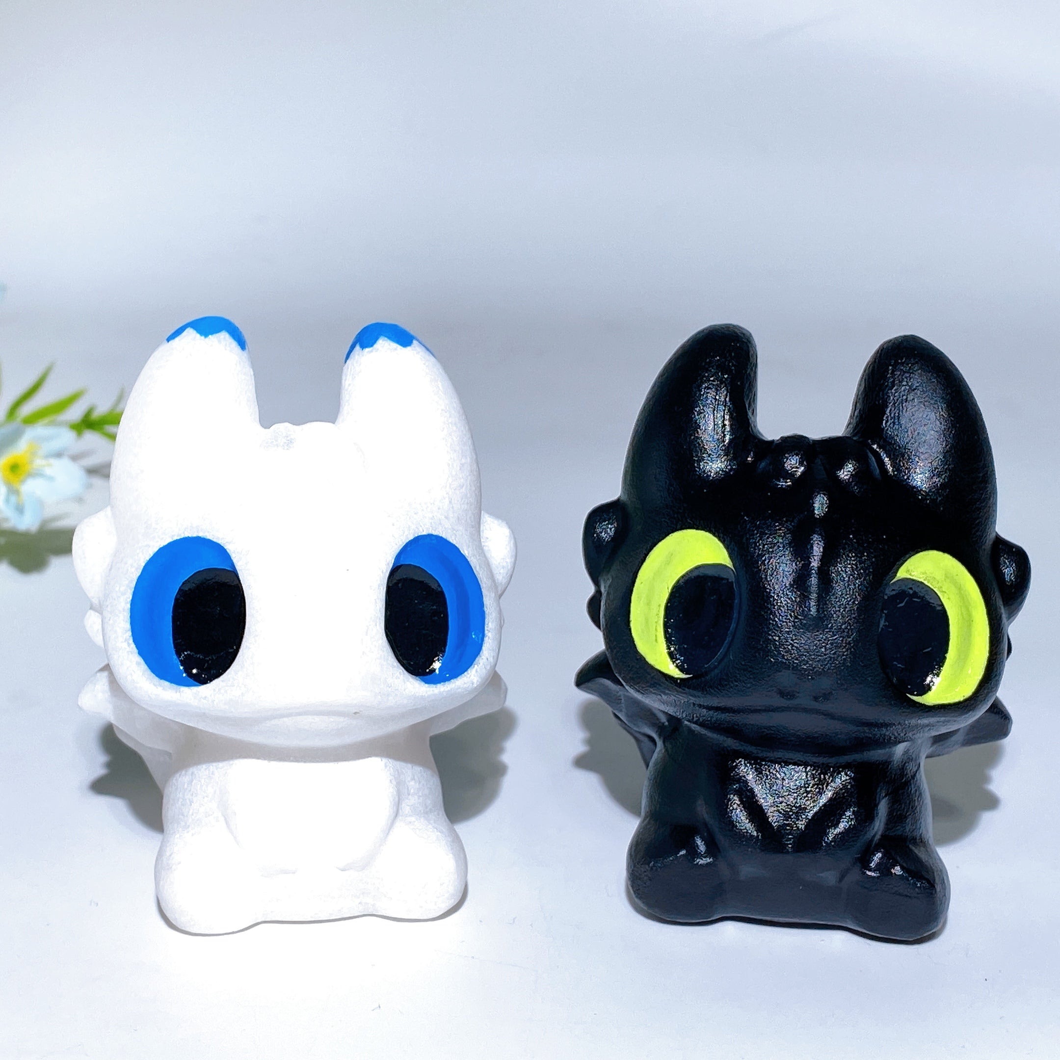 2.8 inch White Jade & Black Obsidian Crystal Dragon Figurines