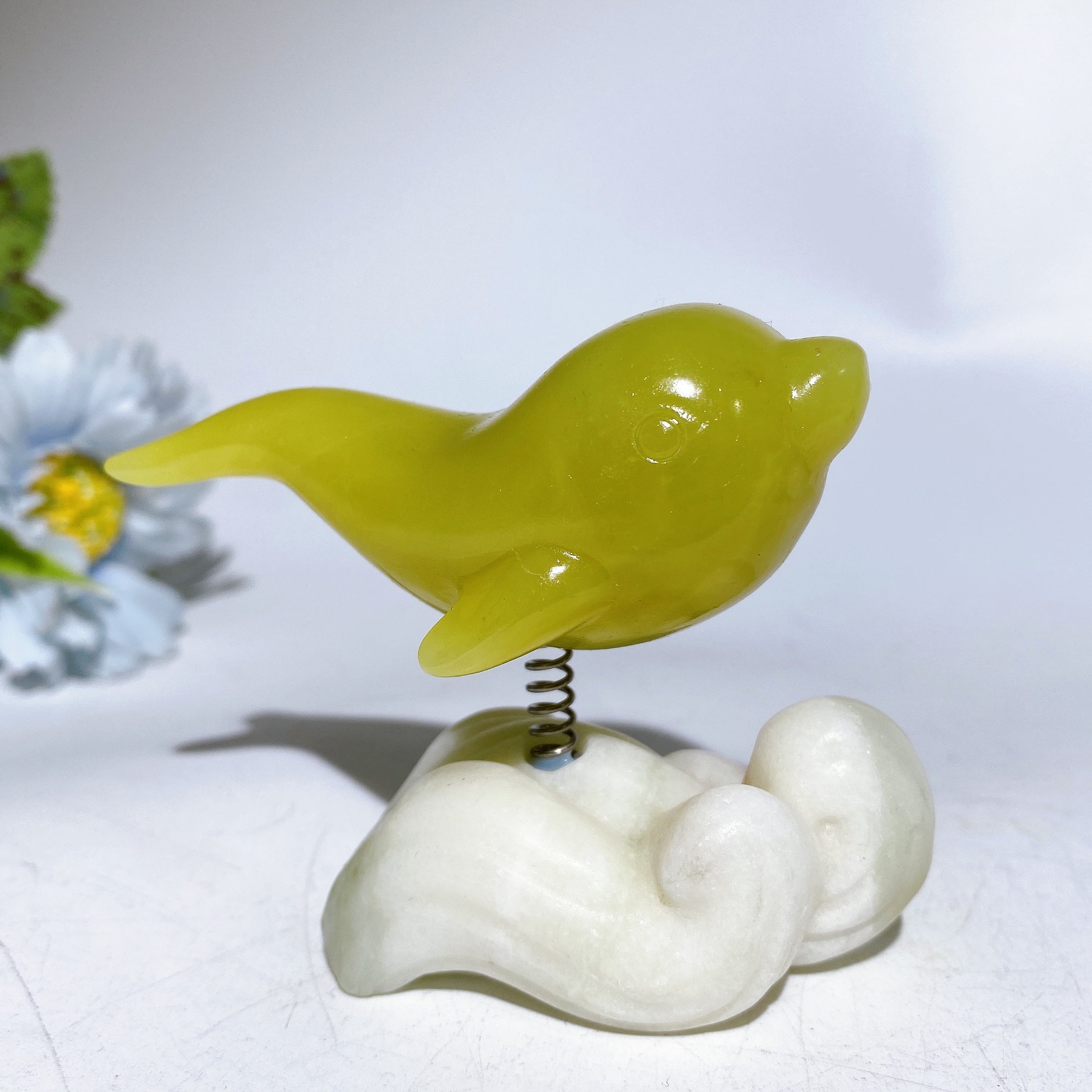 2.9 inch Crystal Dolphin Carving on Jade Base for Healing