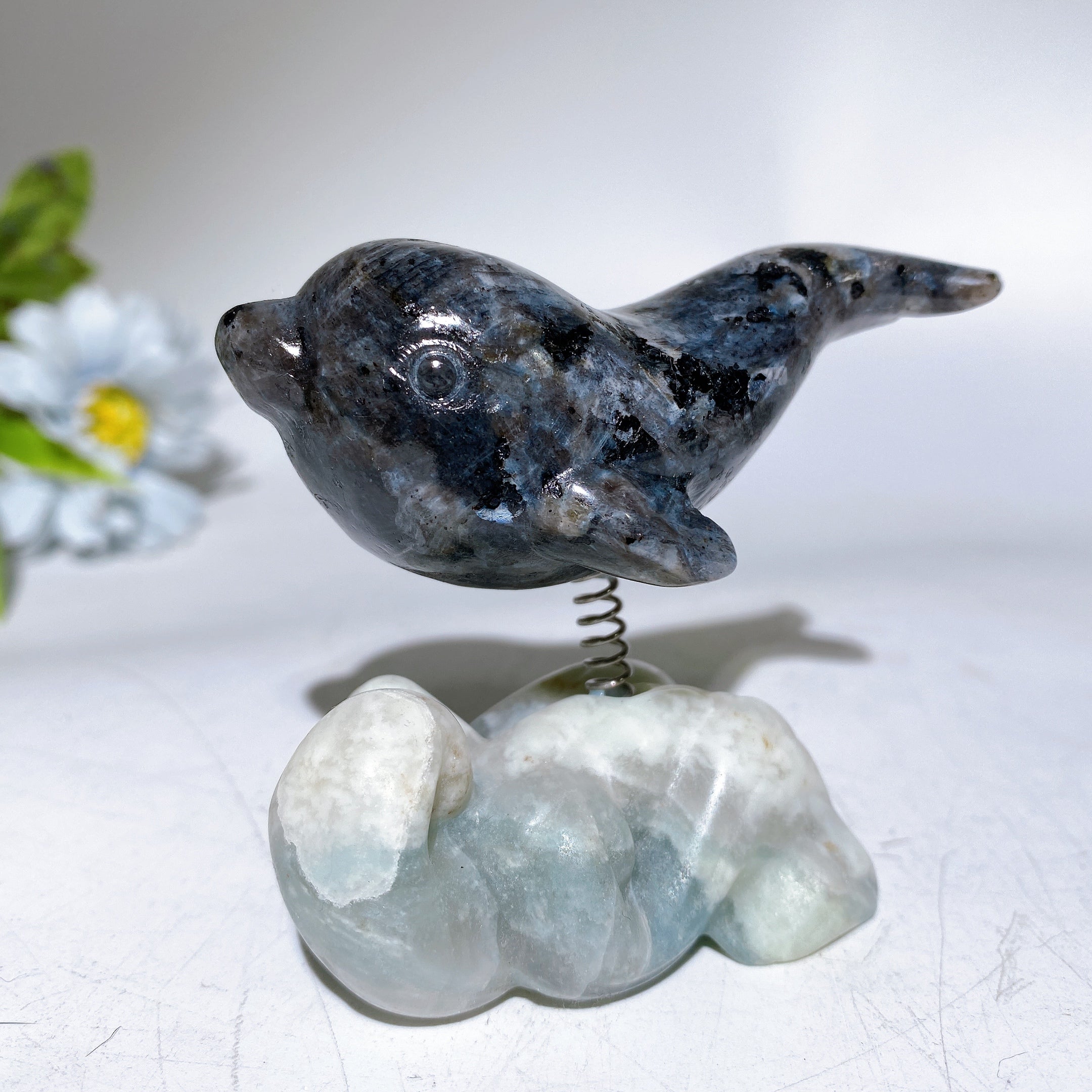 2.9 inch Crystal Dolphin Carving on Jade Base for Healing