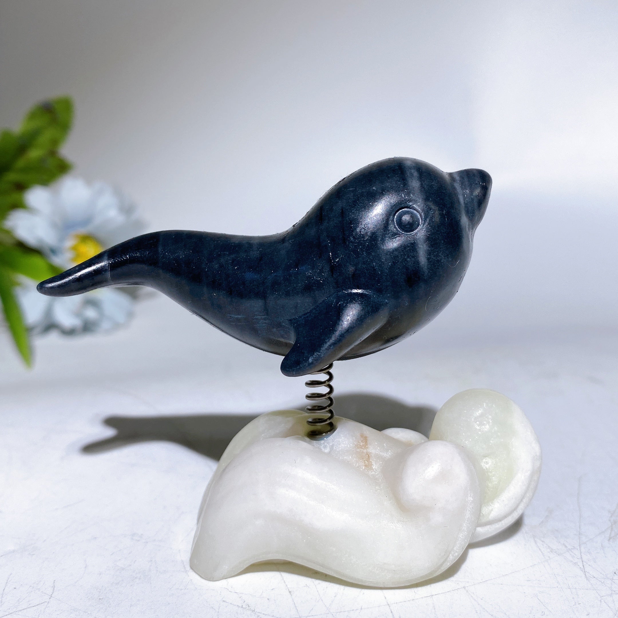 2.9 inch Crystal Dolphin Carving on Jade Base for Healing