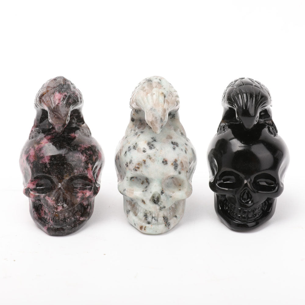 2 Inch Crystal Skull Carving in Kiwi Jasper, Rhodonite & Obsidian