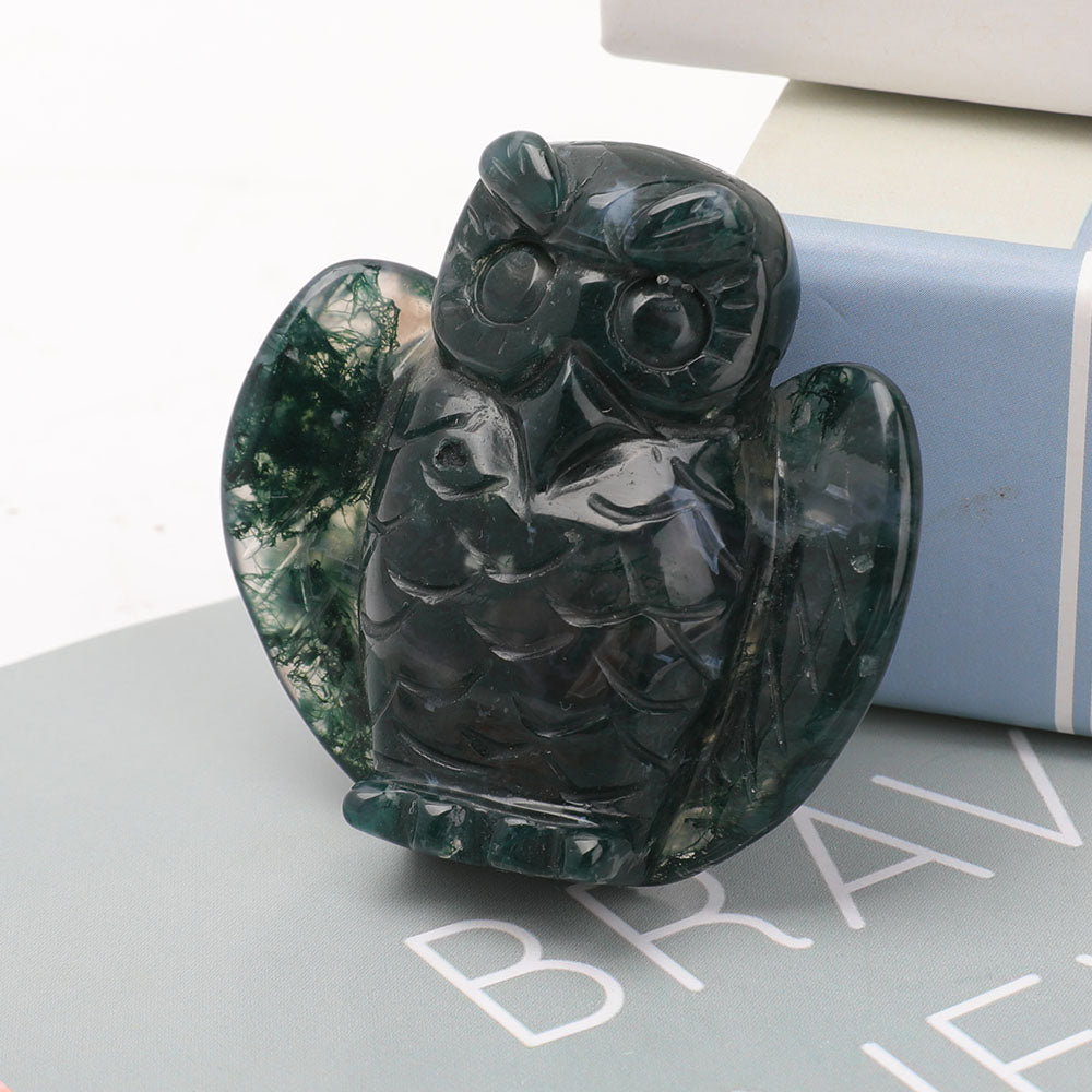 2 inch Moss Agate Crystal Owl Carving for Wisdom