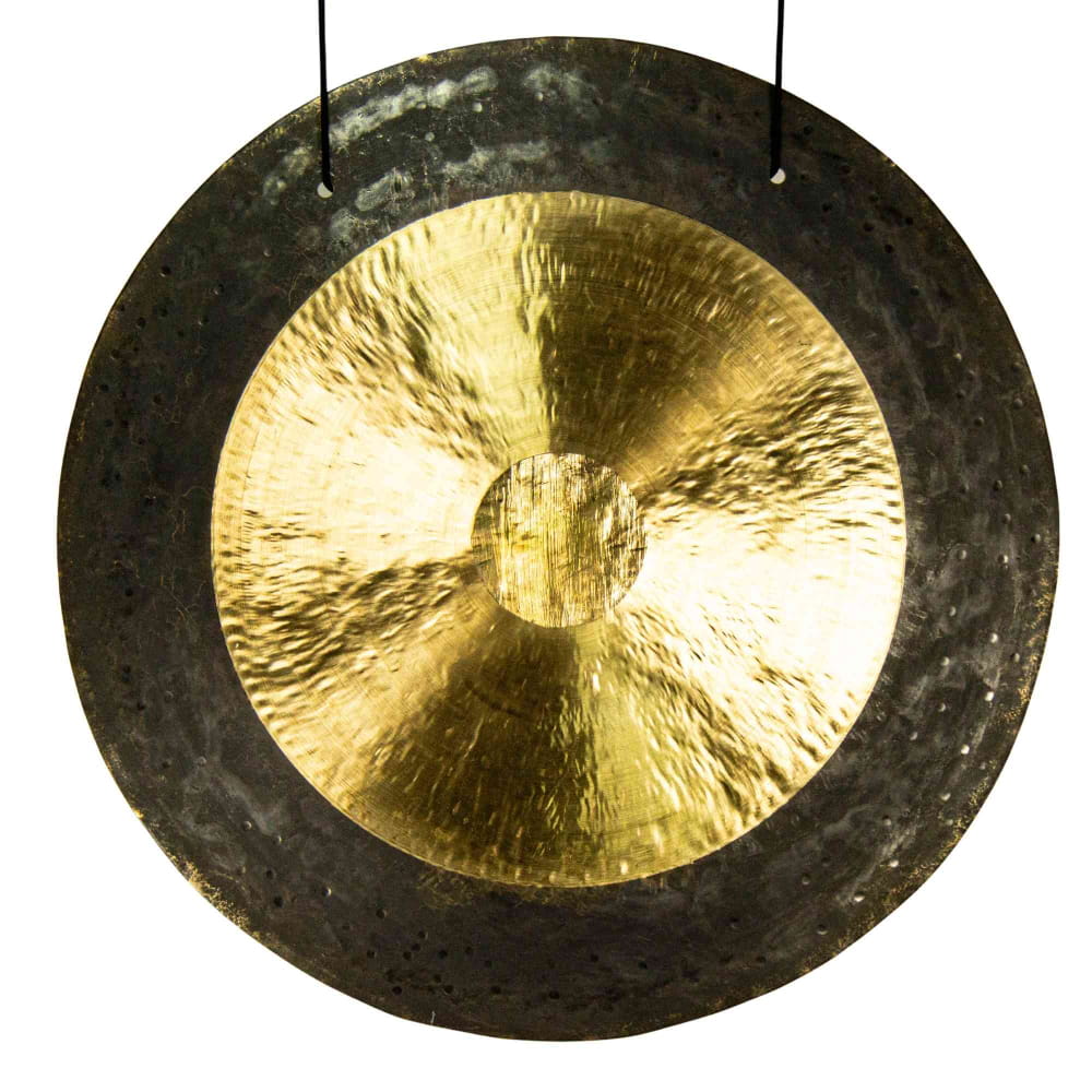 Traditional Chinese gong with gold center and dark rim on 20 inch Chau Gong