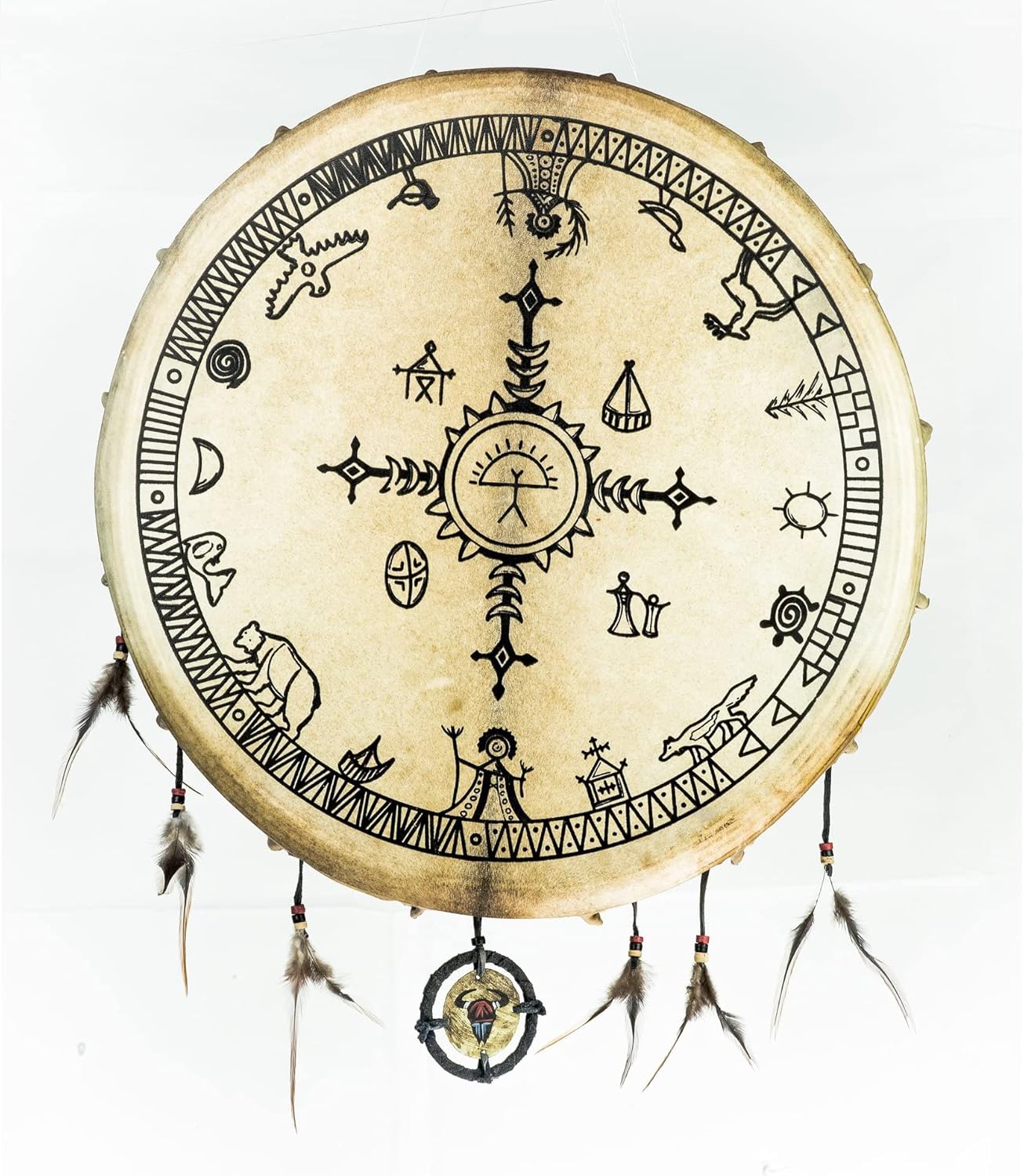 Native American hand drum with mystical symbols and hanging feathers, 20 inch Goat Skin