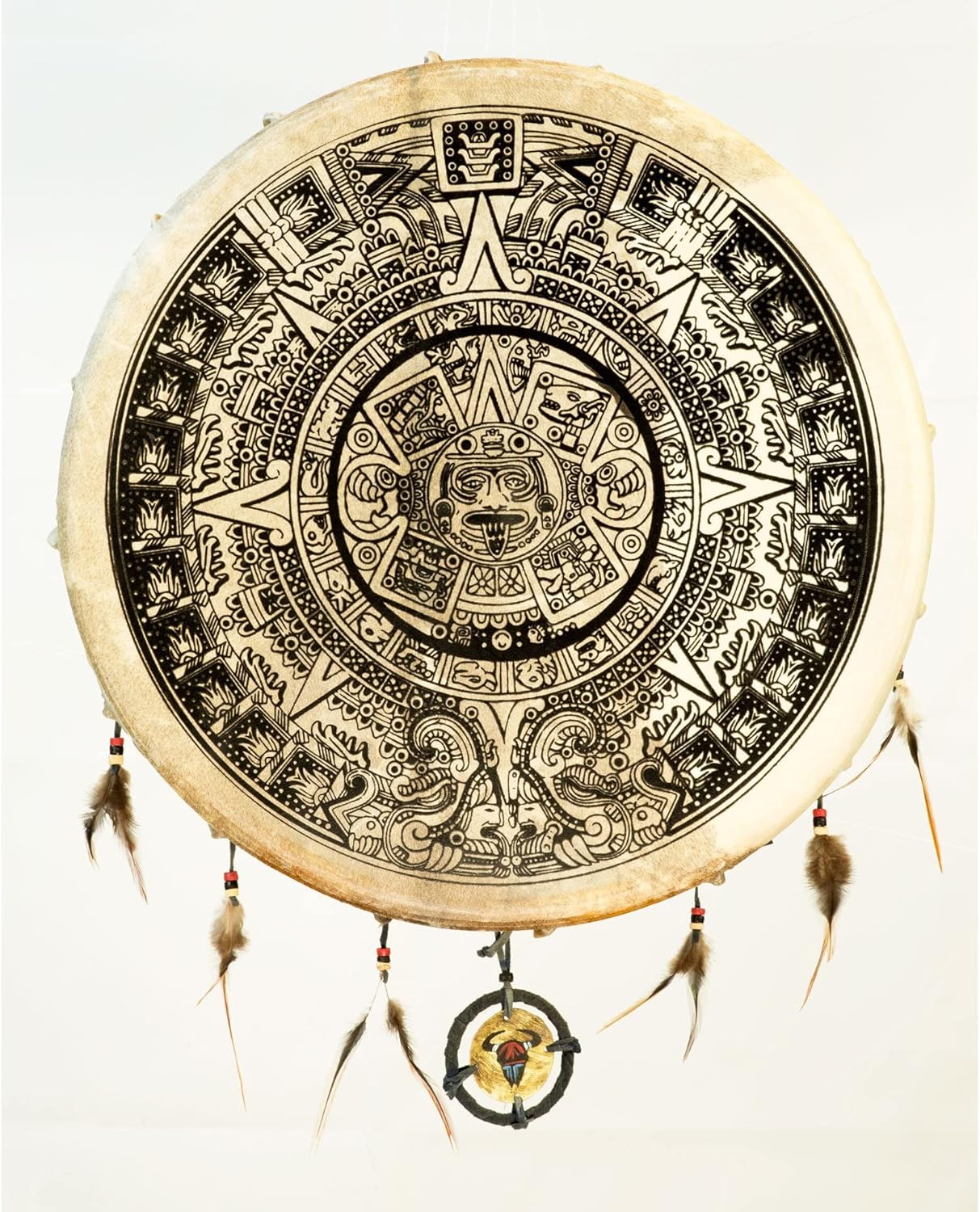 Aztec calendar stone dreamcatcher with feathers and beads on Maya Shamanic Hand Drum