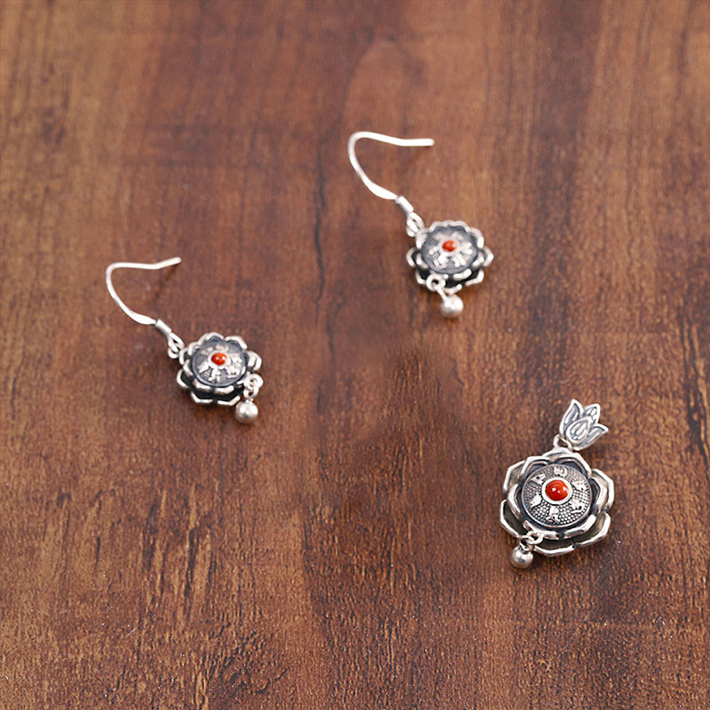 Sterling Silver Om Mani Padme Hum Lotus Necklace & Earrings Set