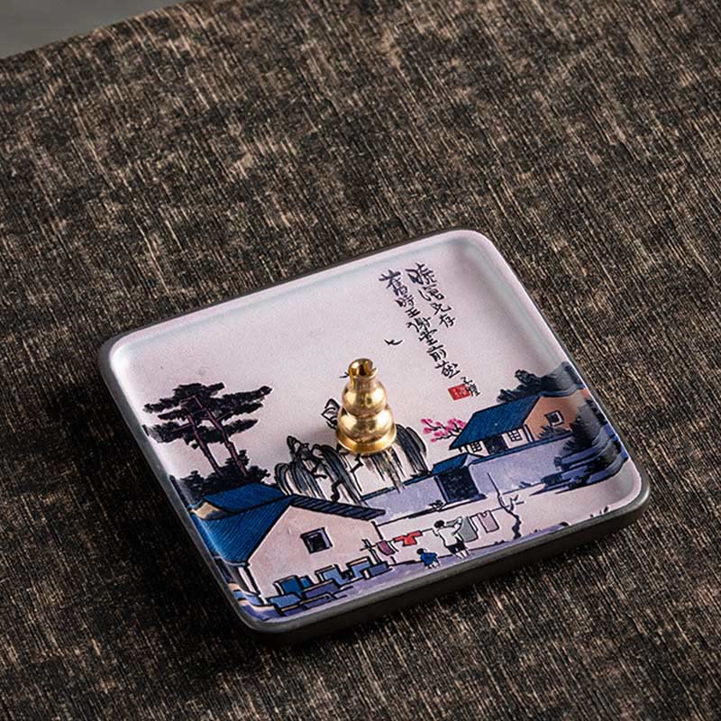 Ceramic Incense Burner Tray with Mountain Lake Flower Leaf Design