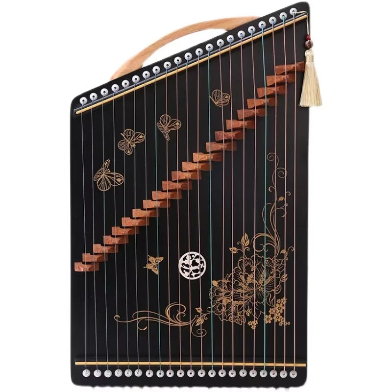 Traditional Chinese Guzheng with decorative butterfly and floral motifs on soundboard